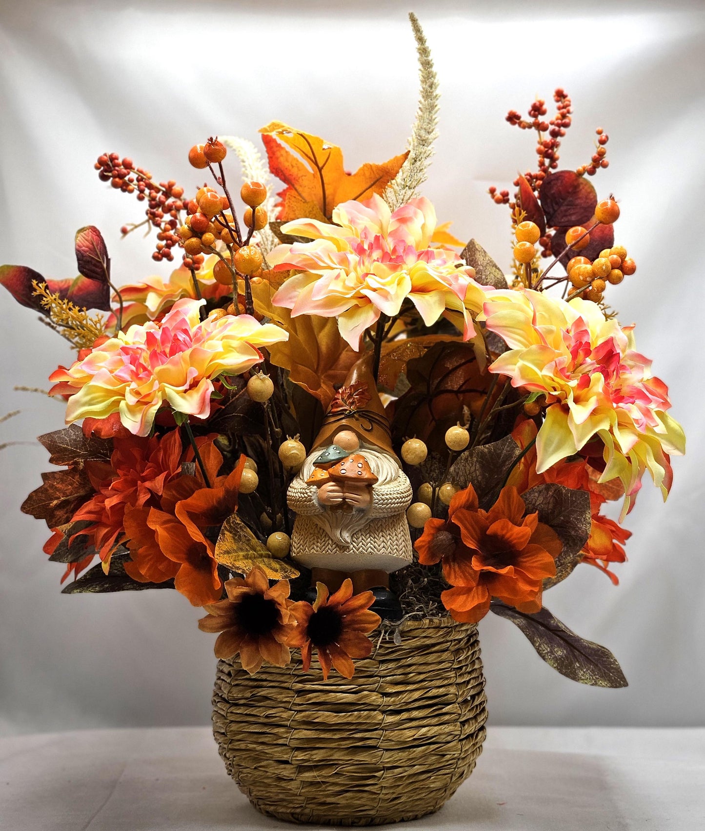 Fall Gnome Centerpiece: Dahlias, Mums & Berries in Wicker Basket