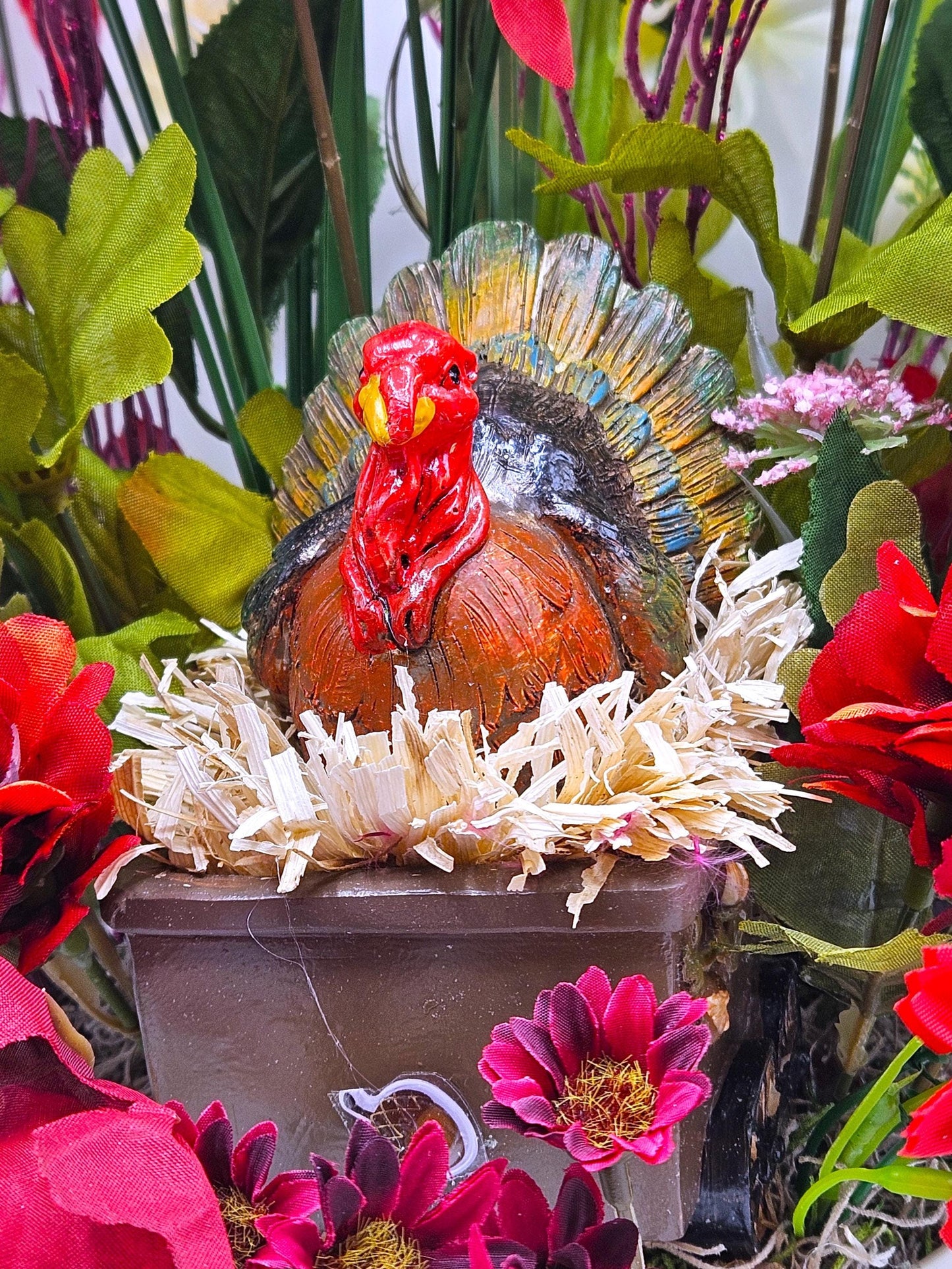 Elegant Thanksgiving Centerpiece/Ceramic Turkey/Red and White Mums, Fall Grasses/Other Holiday Accents/Thanksgiving Celebrations or Gifts