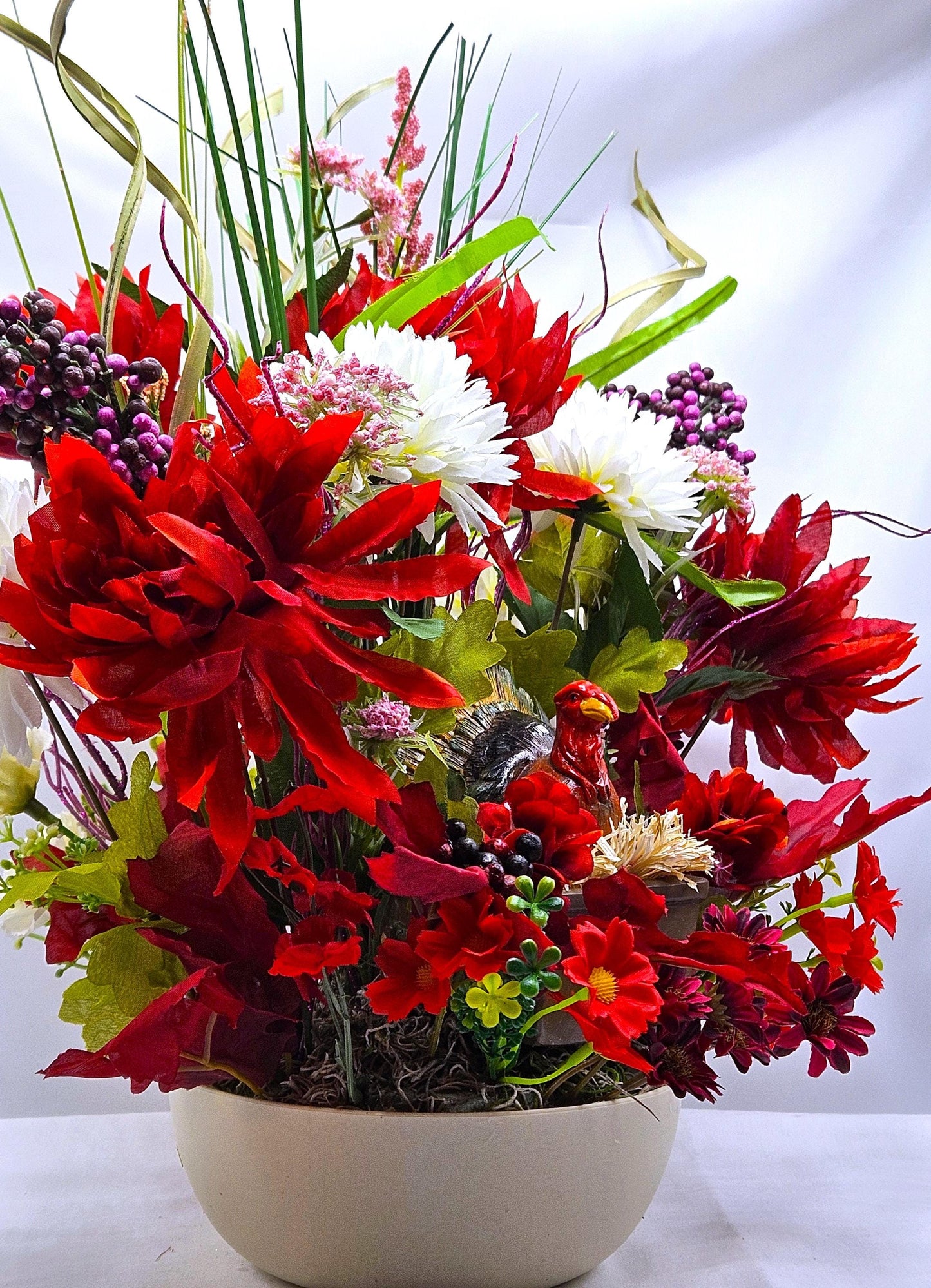 Elegant Thanksgiving Centerpiece/Ceramic Turkey/Red and White Mums, Fall Grasses/Other Holiday Accents/Thanksgiving Celebrations or Gifts