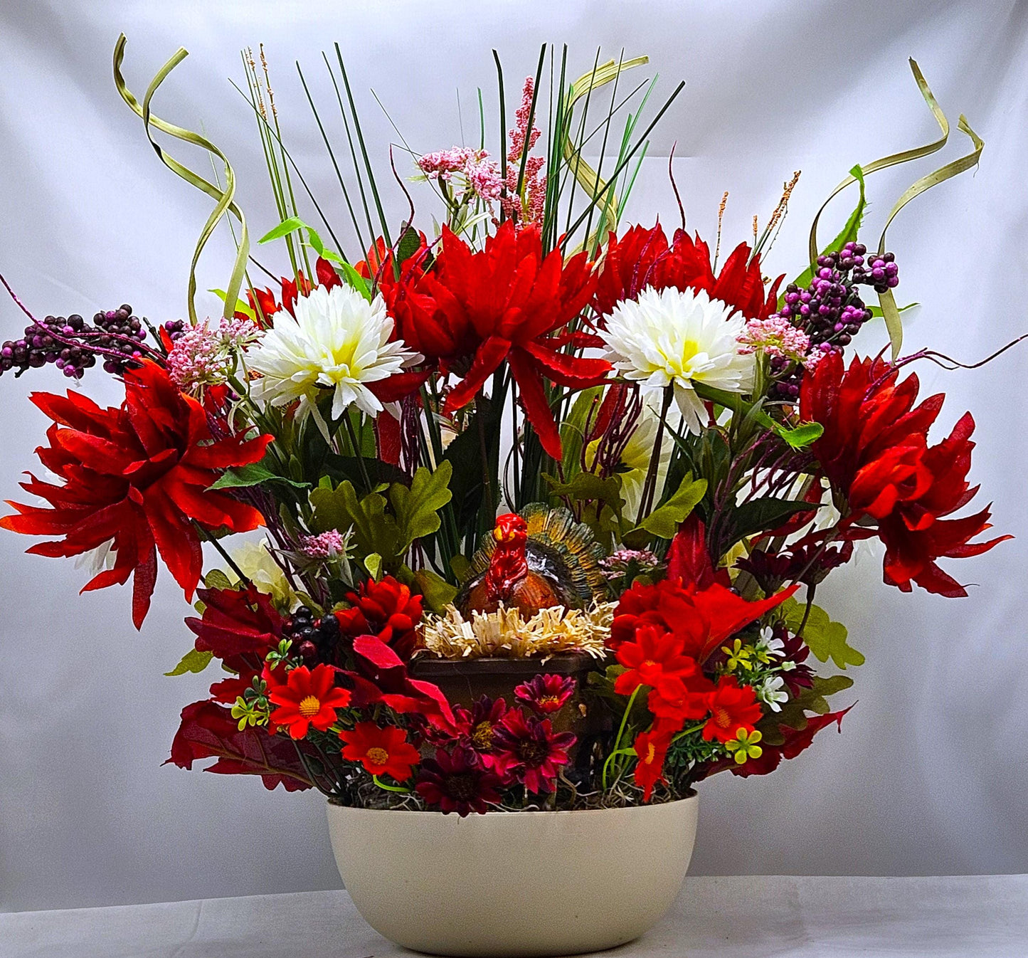 Elegant Thanksgiving Centerpiece/Ceramic Turkey/Red and White Mums, Fall Grasses/Other Holiday Accents/Thanksgiving Celebrations or Gifts