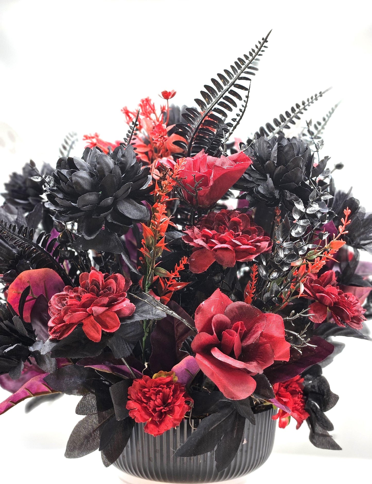 Creepy, Eerie Halloween Trees in Festive Flower Arrangements/2 options, red/black or Black/White/Halloween accents/set in black plastic bowl