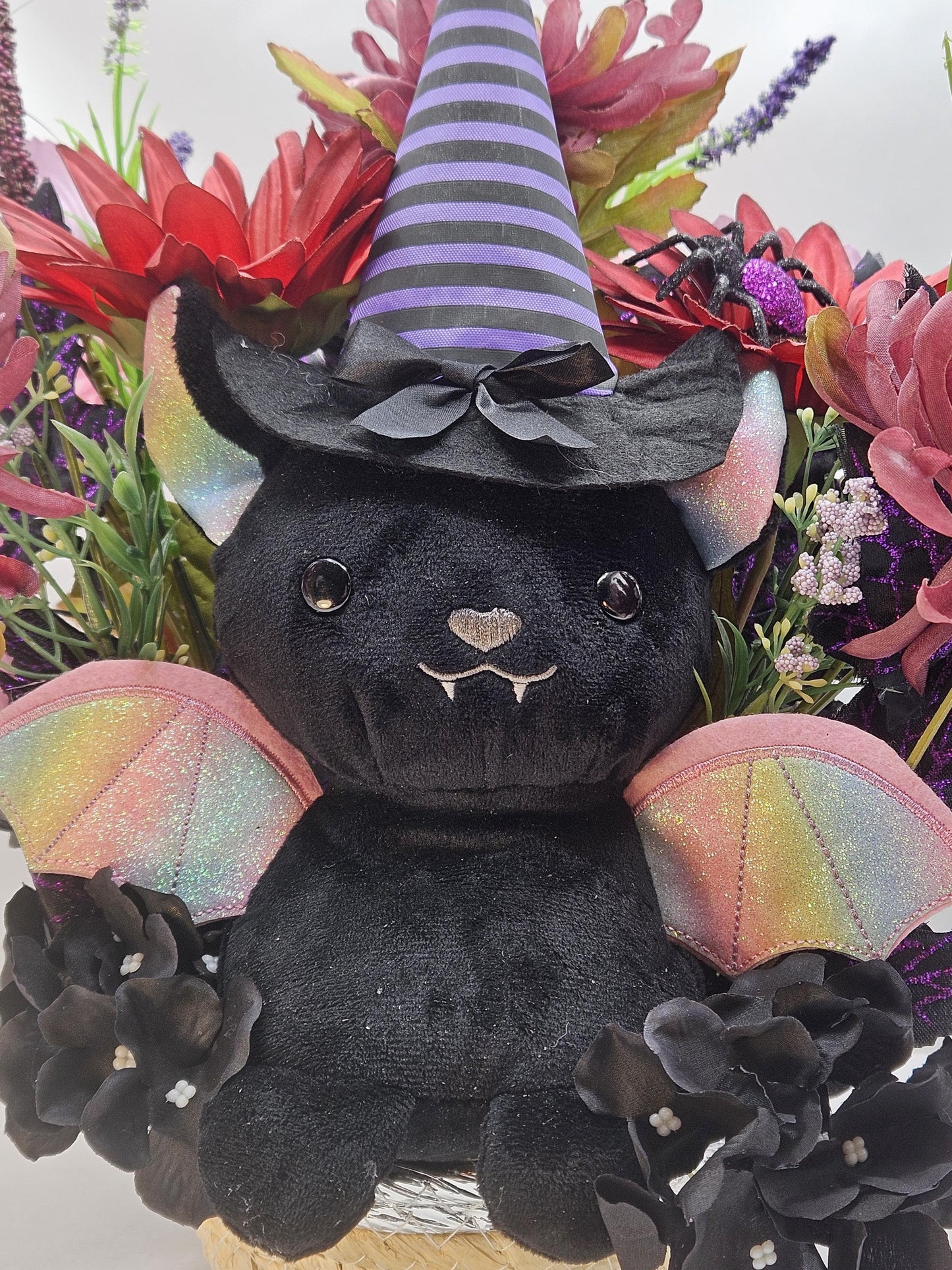 Cute Mysterious Stuffed Flying Halloween Bat Amidst Floral Garden of Burgundy/Pink/Black/Purple, Festive Accents, Halloween Gift/Decor