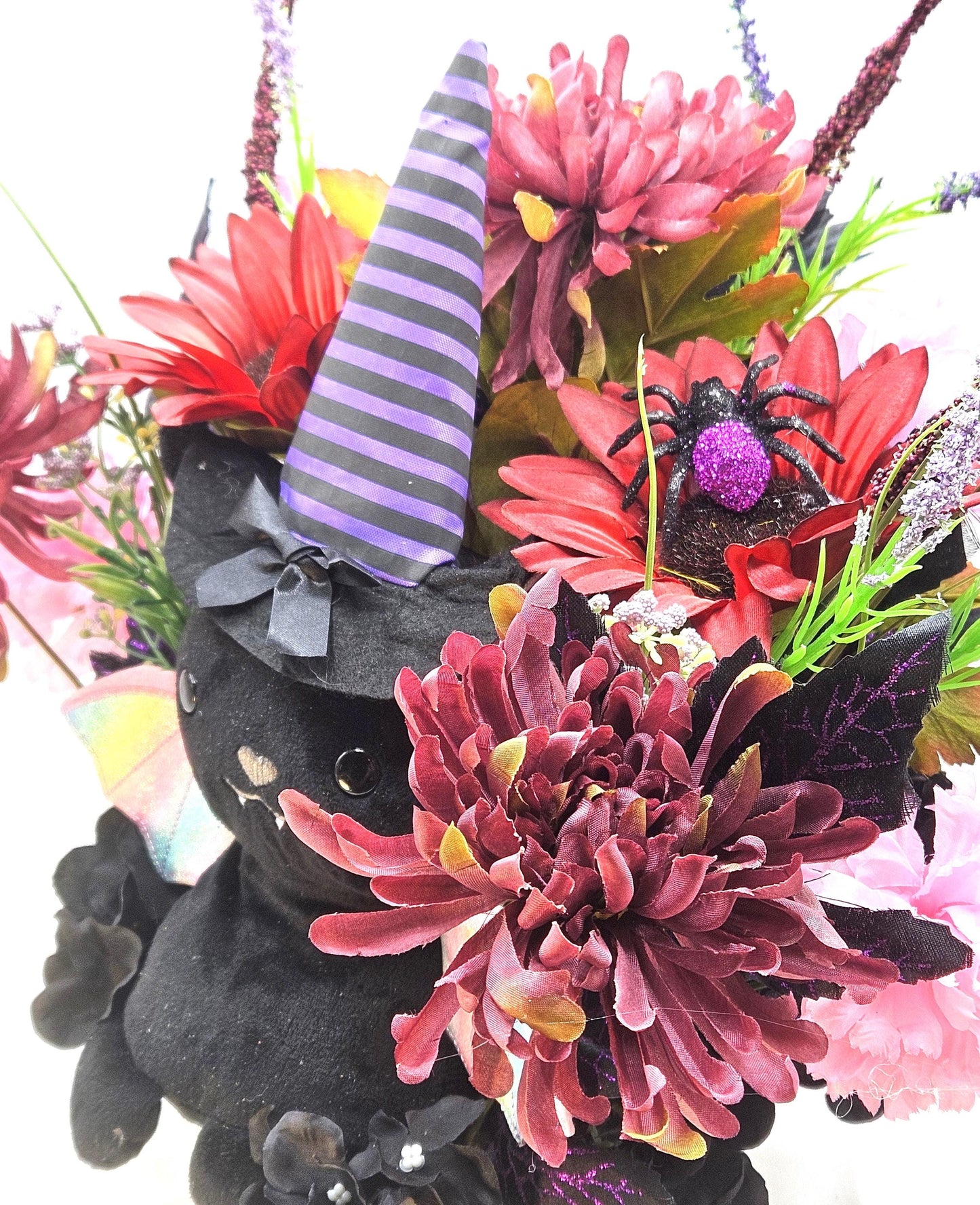 Cute Mysterious Stuffed Flying Halloween Bat Amidst Floral Garden of Burgundy/Pink/Black/Purple, Festive Accents, Halloween Gift/Decor