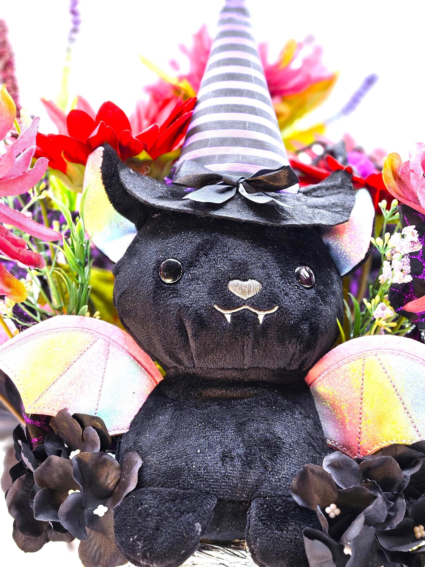 Cute Mysterious Stuffed Flying Halloween Bat Amidst Floral Garden of Burgundy/Pink/Black/Purple, Festive Accents, Halloween Gift/Decor