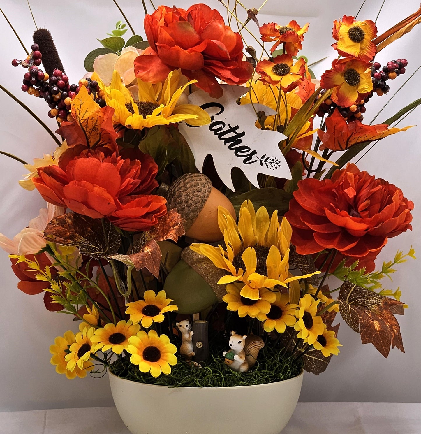 Gather/Give Thanks Flower arrangement/Squirrels w/Deep red/Orange Dahlias/Yellow Sunflowers/Acorns/Other Fall Accents/Happy Thanksgiving