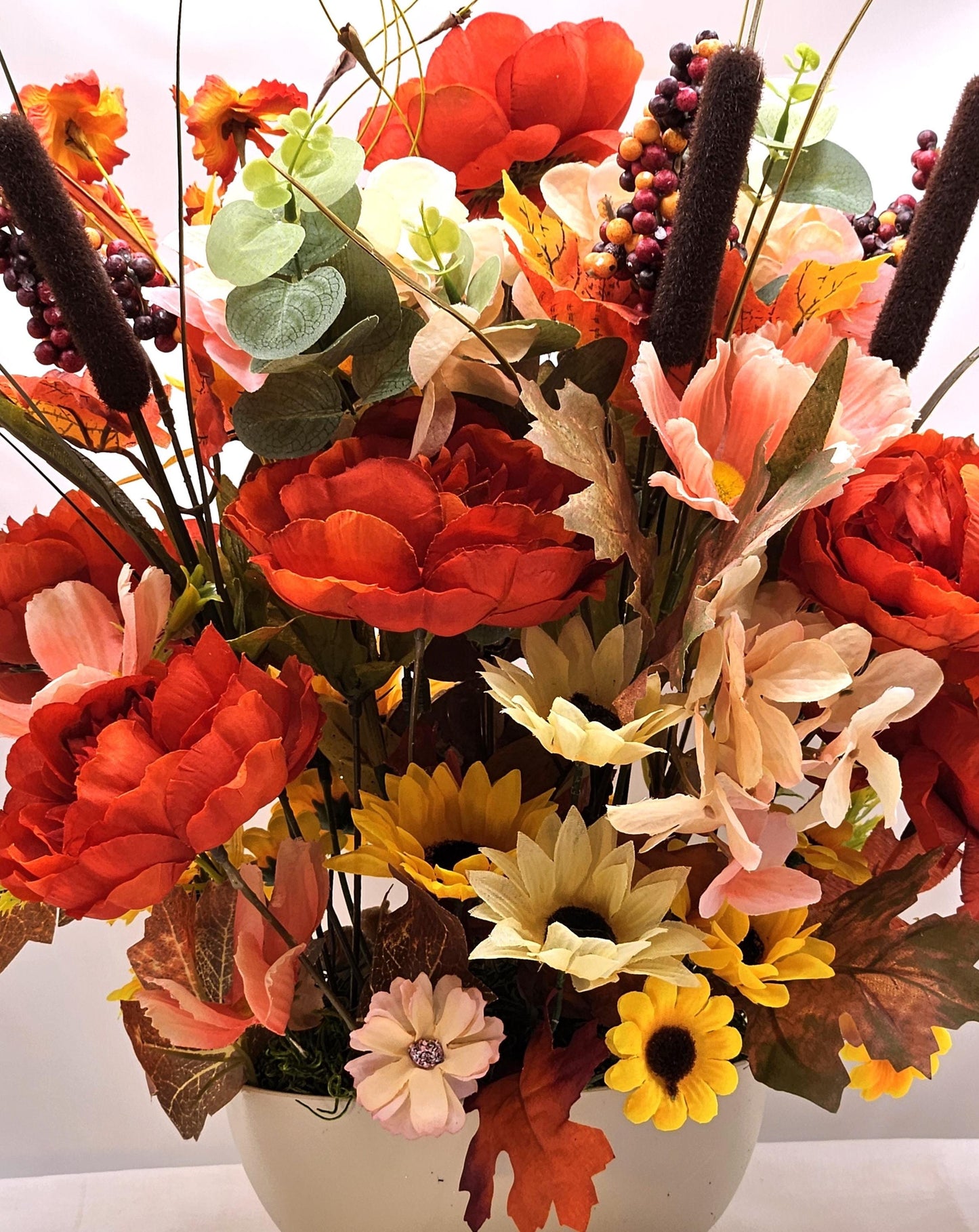 Gather/Give Thanks Flower arrangement/Squirrels w/Deep red/Orange Dahlias/Yellow Sunflowers/Acorns/Other Fall Accents/Happy Thanksgiving