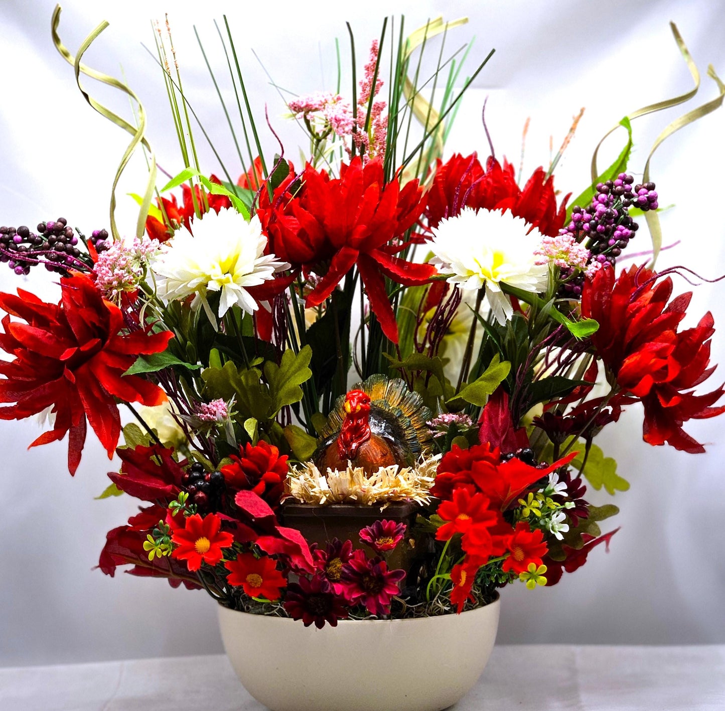 Elegant Thanksgiving Centerpiece/Ceramic Turkey/Red and White Mums, Fall Grasses/Other Holiday Accents/Thanksgiving Celebrations or Gifts
