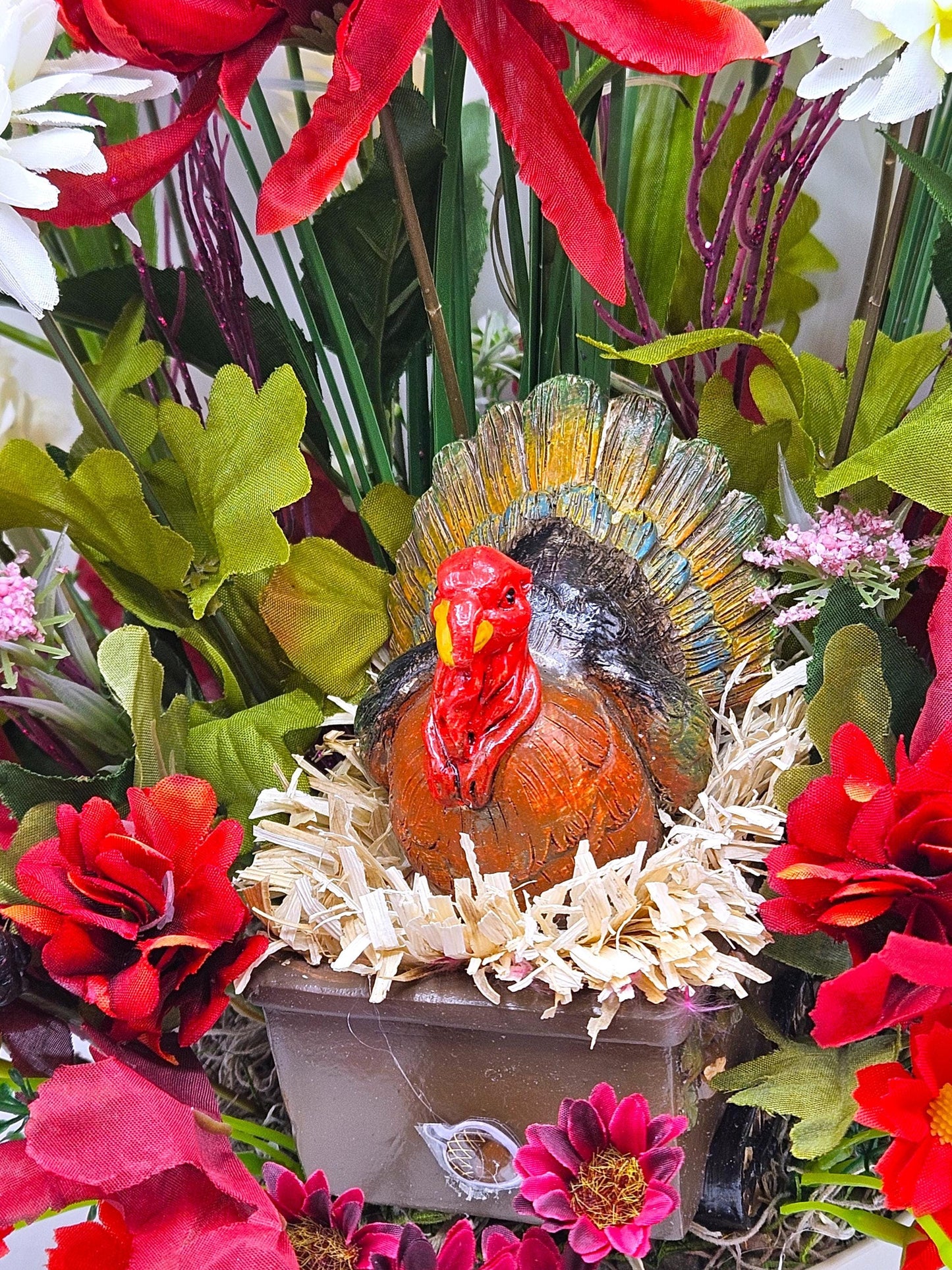 Elegant Thanksgiving Centerpiece/Ceramic Turkey/Red and White Mums, Fall Grasses/Other Holiday Accents/Thanksgiving Celebrations or Gifts