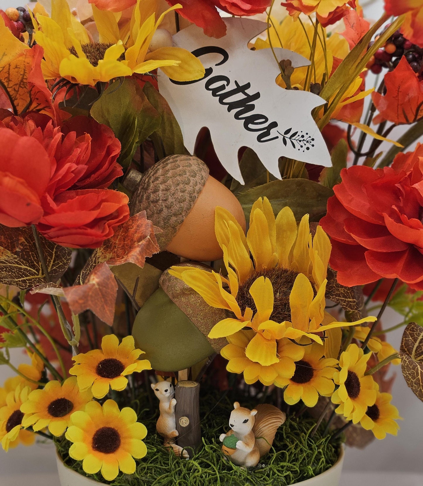 Gather/Give Thanks Flower arrangement/Squirrels w/Deep red/Orange Dahlias/Yellow Sunflowers/Acorns/Other Fall Accents/Happy Thanksgiving