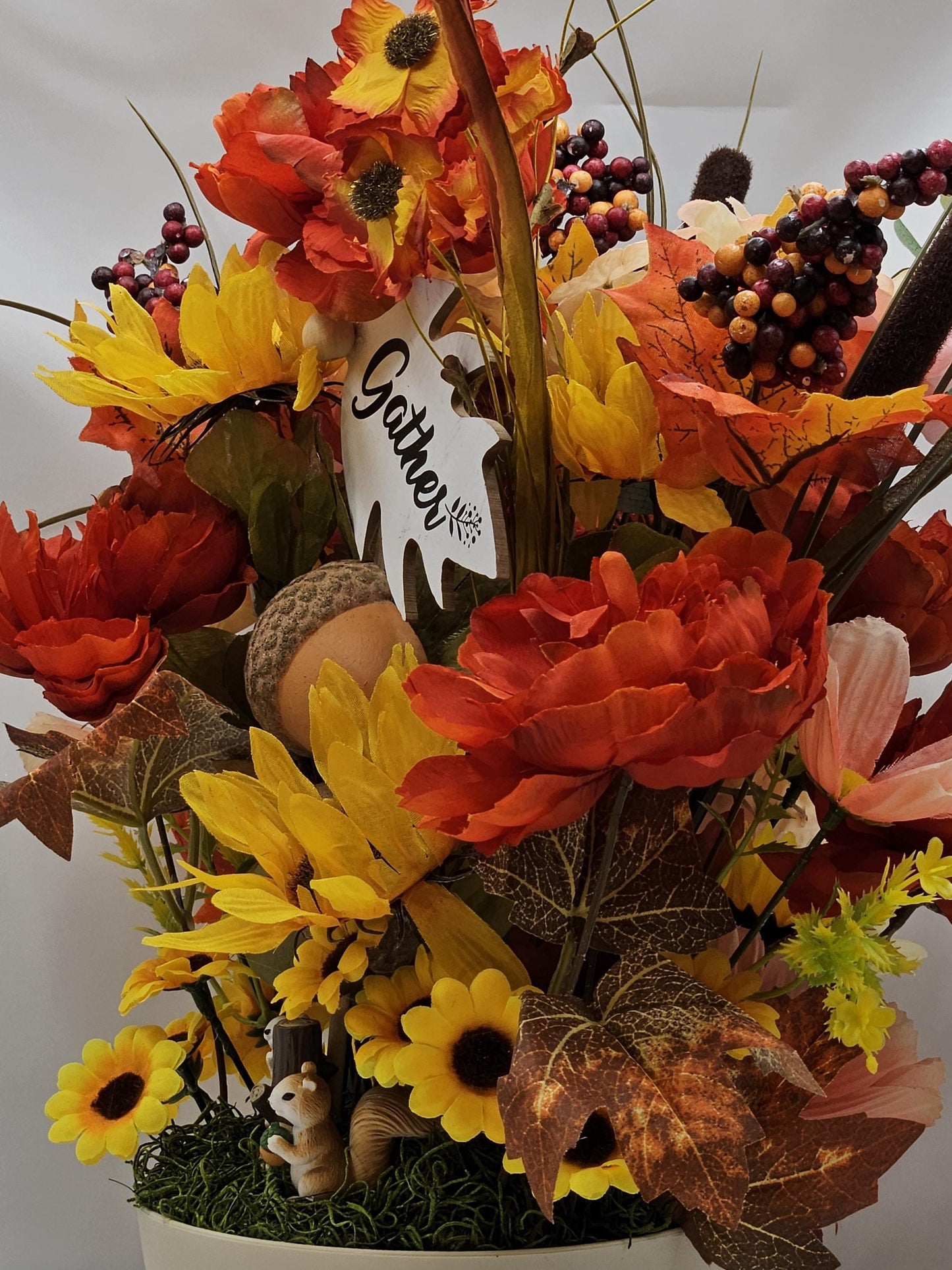Gather/Give Thanks Flower arrangement/Squirrels w/Deep red/Orange Dahlias/Yellow Sunflowers/Acorns/Other Fall Accents/Happy Thanksgiving