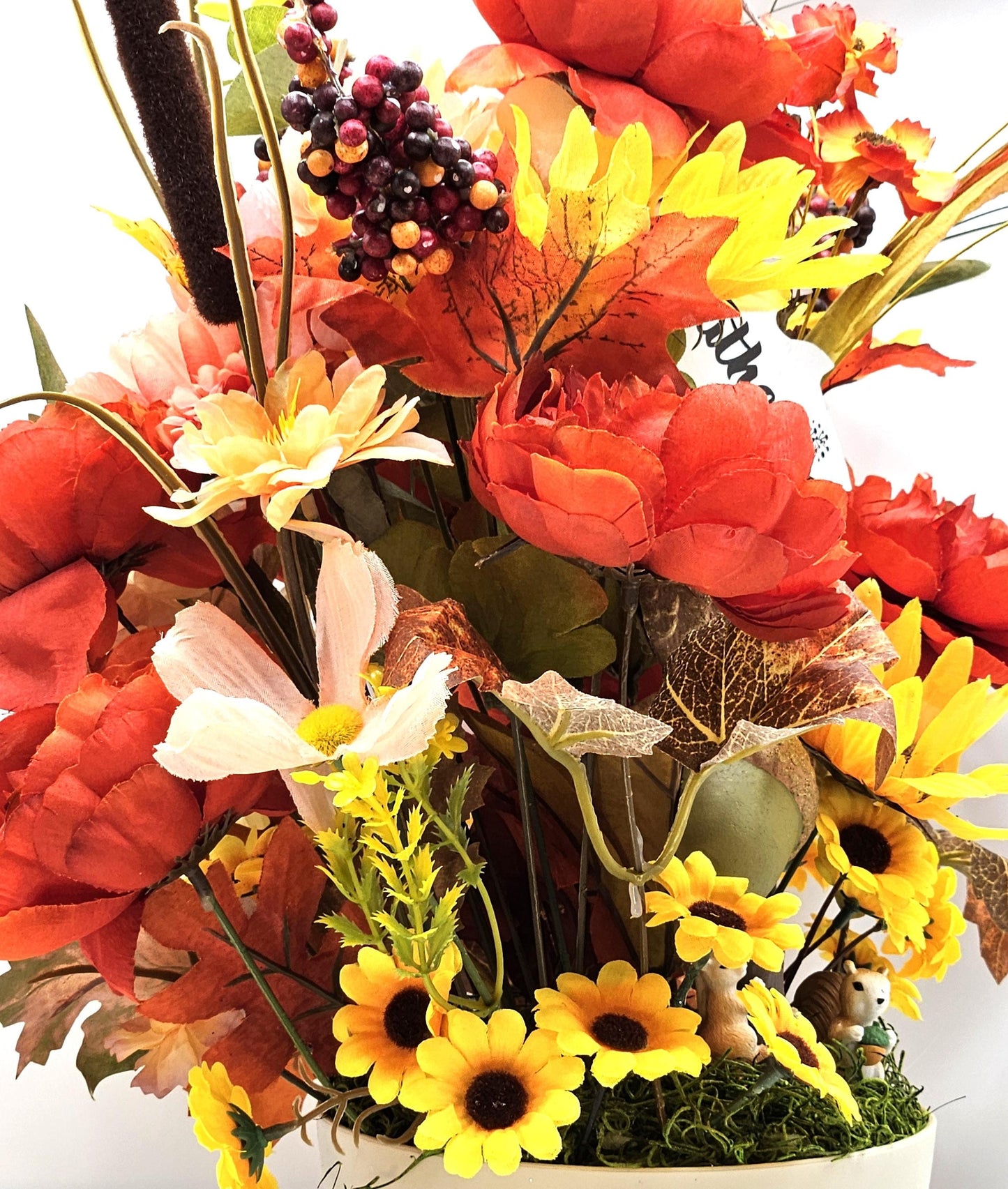 Gather/Give Thanks Flower arrangement/Squirrels w/Deep red/Orange Dahlias/Yellow Sunflowers/Acorns/Other Fall Accents/Happy Thanksgiving