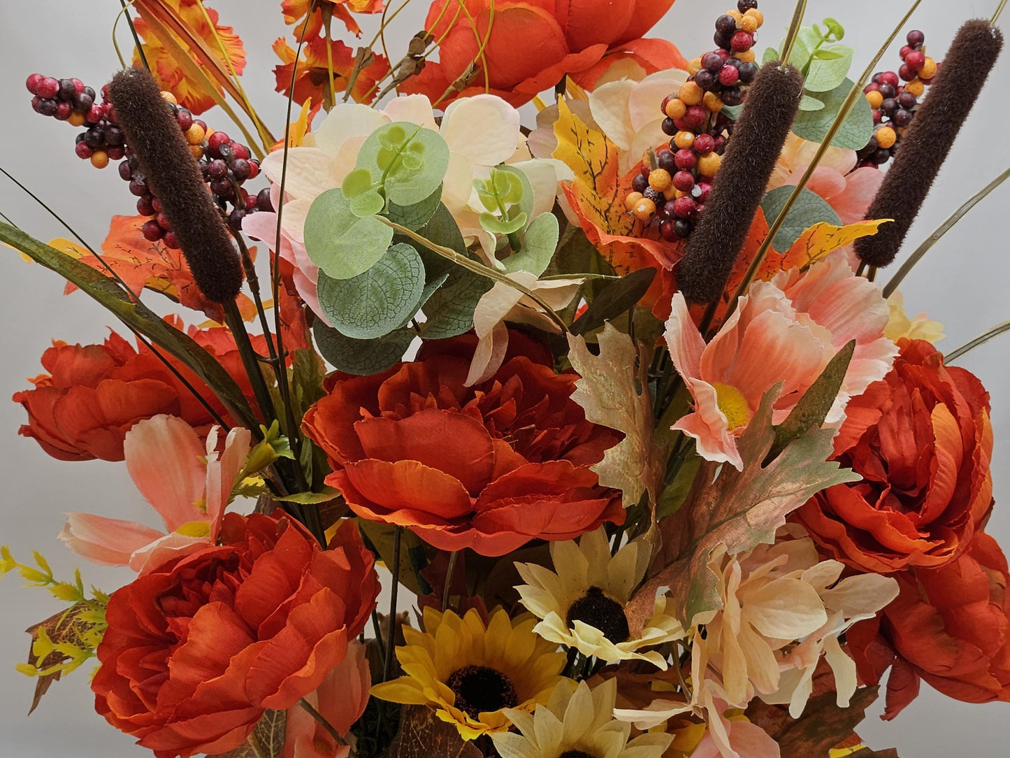 Gather/Give Thanks Flower arrangement/Squirrels w/Deep red/Orange Dahlias/Yellow Sunflowers/Acorns/Other Fall Accents/Happy Thanksgiving