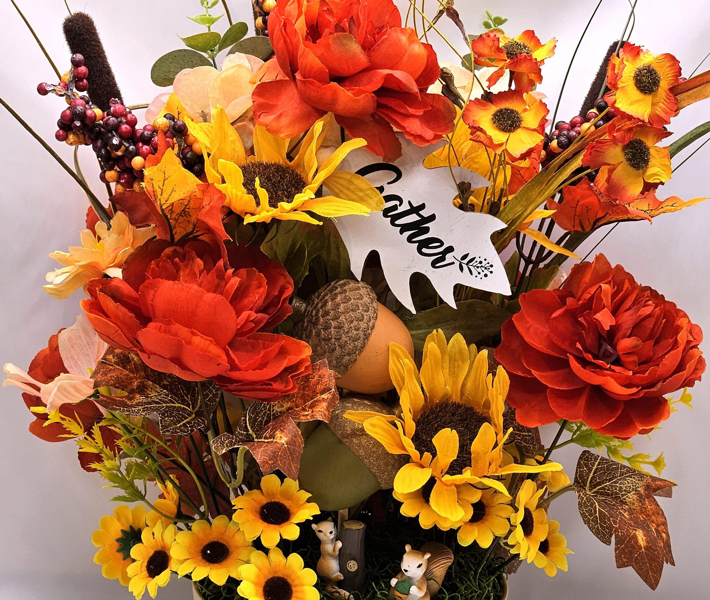 Gather/Give Thanks Flower arrangement/Squirrels w/Deep red/Orange Dahlias/Yellow Sunflowers/Acorns/Other Fall Accents/Happy Thanksgiving