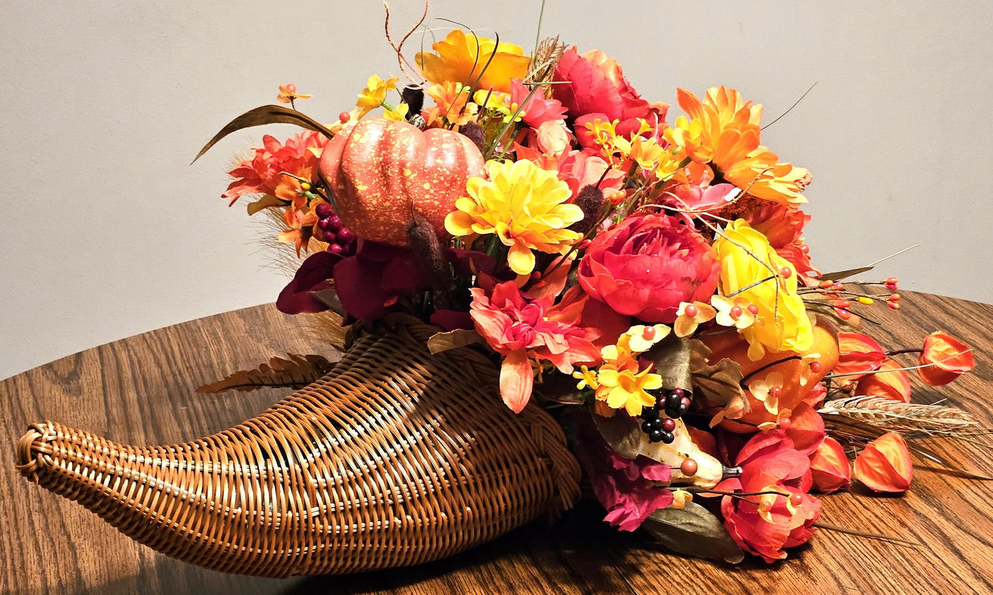 Elegant Thanksgiving Cornucopia filled w/Various Pumpkins/Gourds/Orange/Yellow/Peach Flowers, Grasses, Leaves, Cattails. other Fall Accents