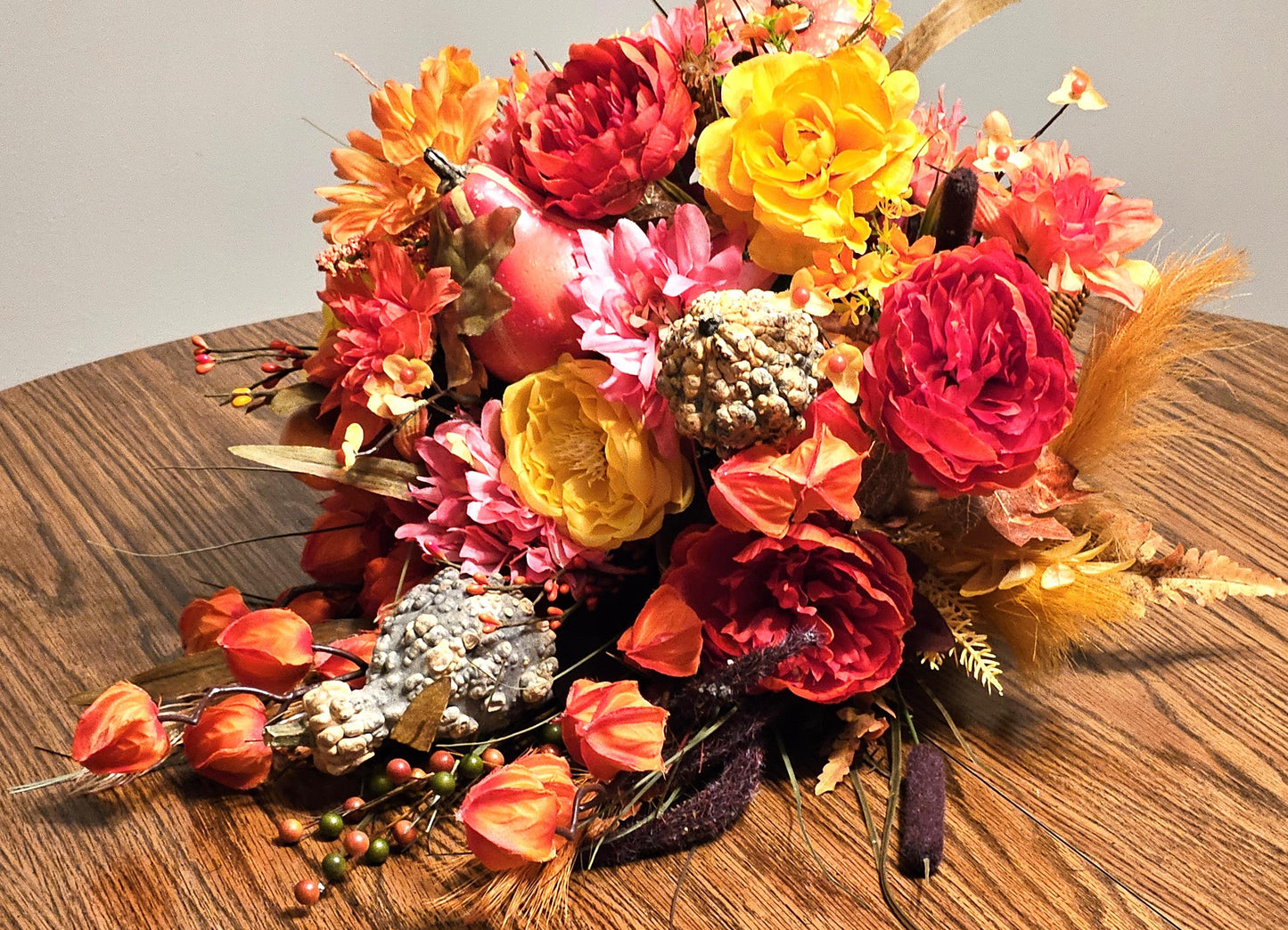 Elegant Thanksgiving Cornucopia filled w/Various Pumpkins/Gourds/Orange/Yellow/Peach Flowers, Grasses, Leaves, Cattails. other Fall Accents