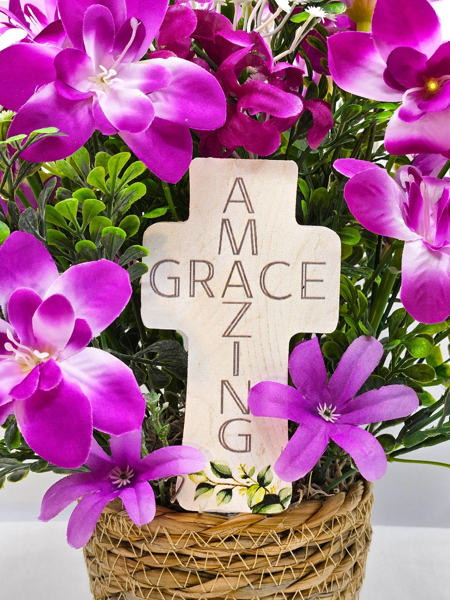 Amazing Grace Elegant Floral Arrangement Featuring a White Wooden Cross Nestled Amidst a Garden of White Lilies/Purple Orchids/wicker Basket