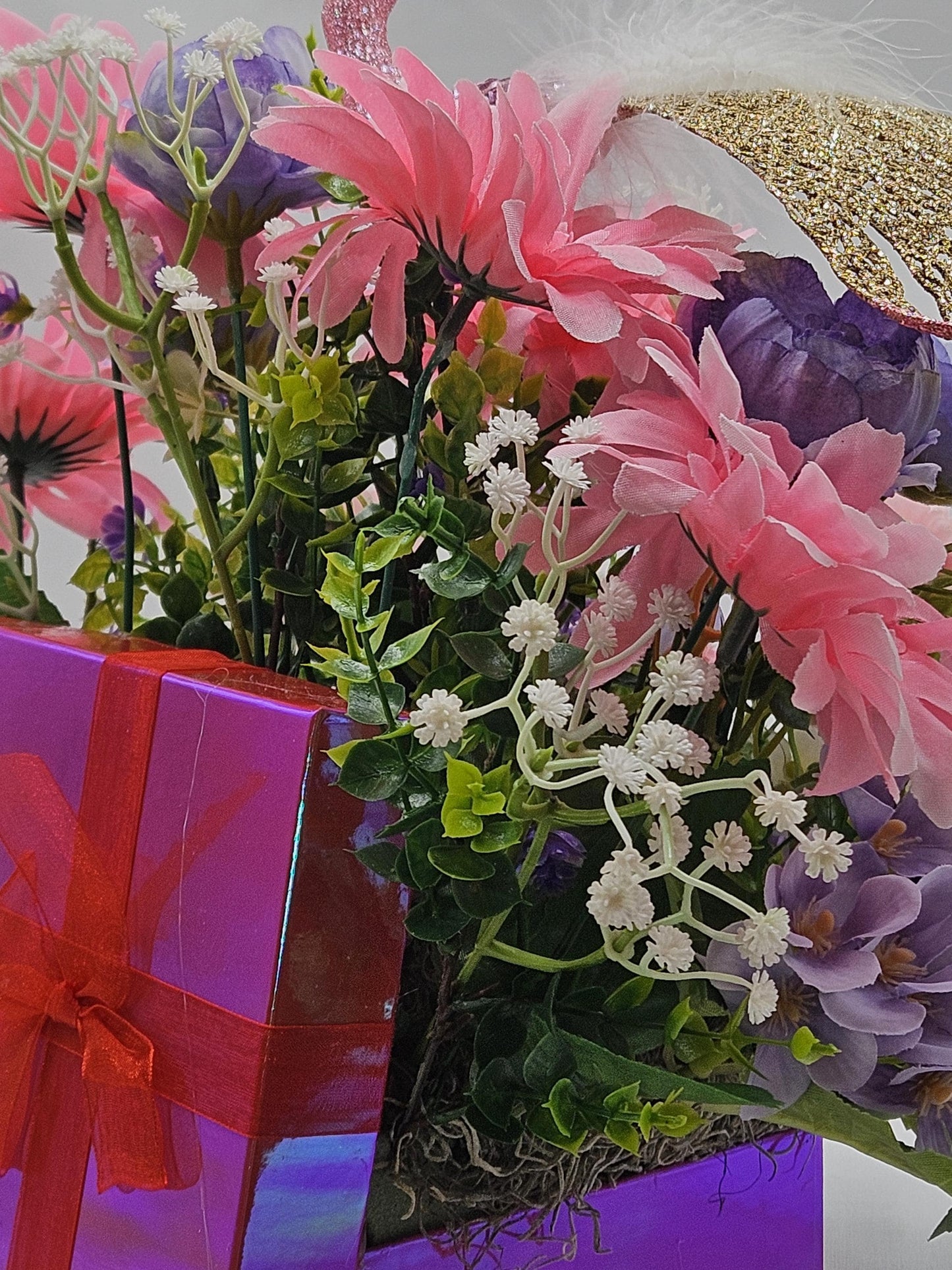 Pastel Pearlized Gift Box Filled with Vibrant/Lush Purple/Pink/White Flowers/Greenery/Baby's Breath/Sparkly Elegant Bird Atop the Florals
