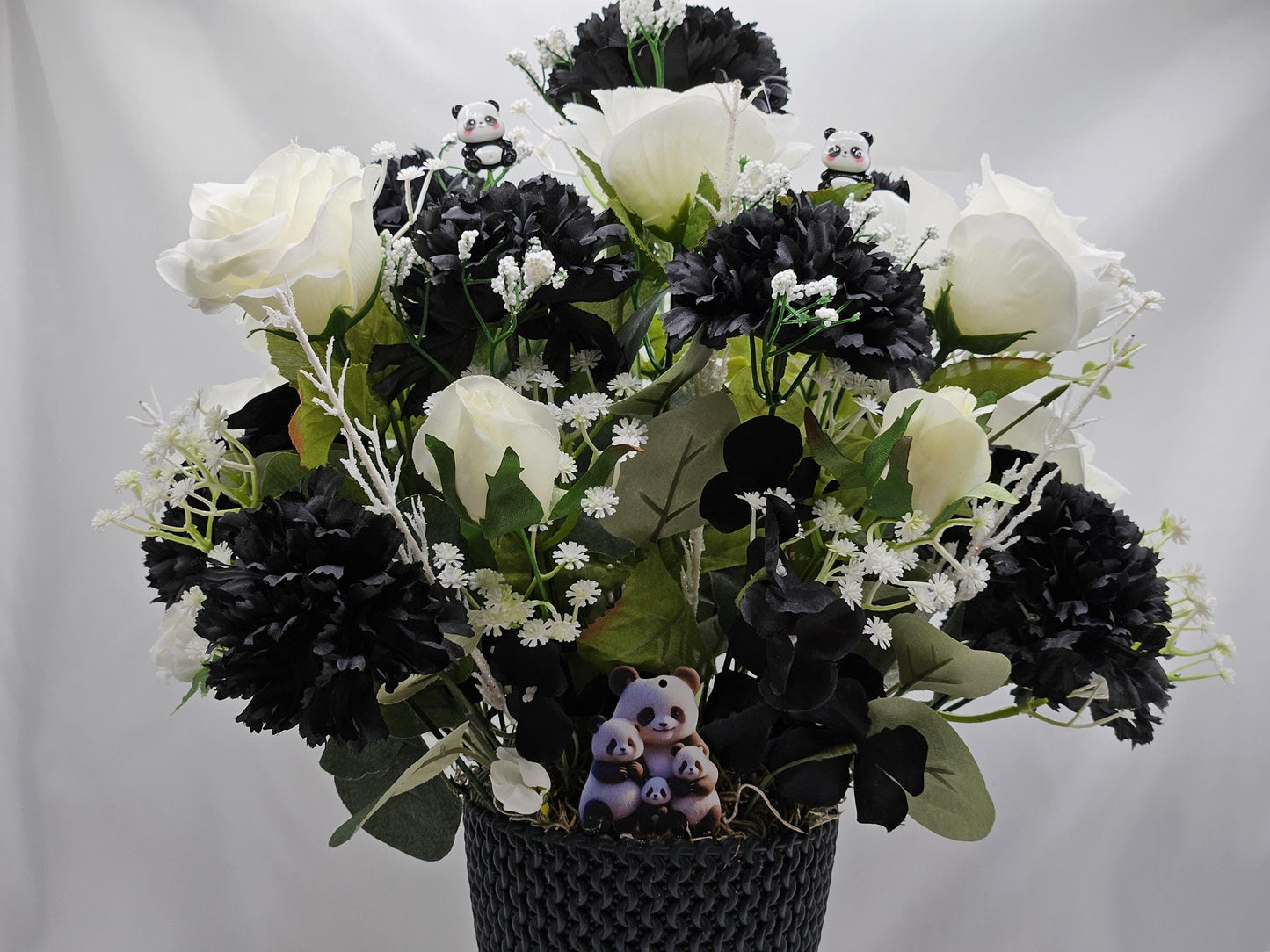 I Love Pandas Flower Arrangement/Black Flower Pot/White Roses/Black Carnations/Panda Bear Accents/Great Gift or Home Decor/Panda Bear Lover