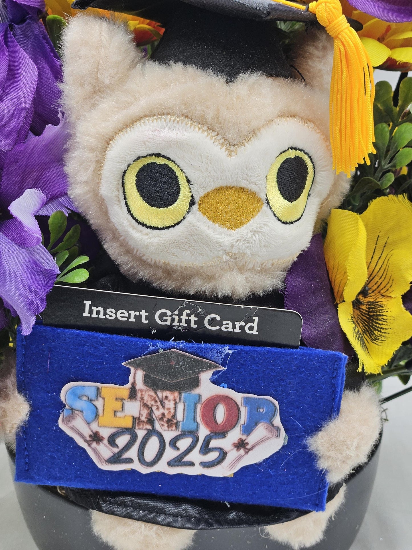Unique Graduation Owl Centerpiece with Purple/Yellow Flowers in Black Bowl - Includes Gift Card Holder, Ideal Grad Gift & Celebration Decor
