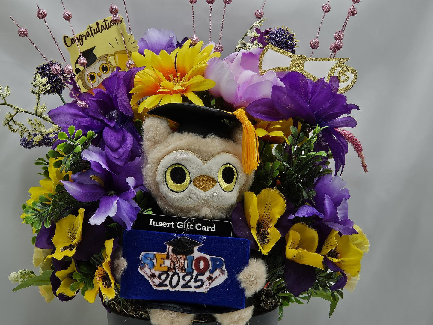 Unique Graduation Owl Centerpiece with Purple/Yellow Flowers in Black Bowl - Includes Gift Card Holder, Ideal Grad Gift & Celebration Decor