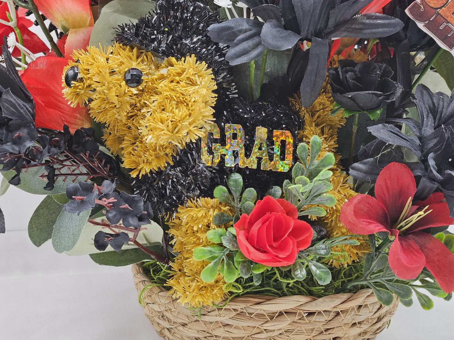 Class of 2025 Graduation Centerpiece - Red & Black Rose/Dahlia Bouquet with Graduate Dog Figurine for Celebration Decor