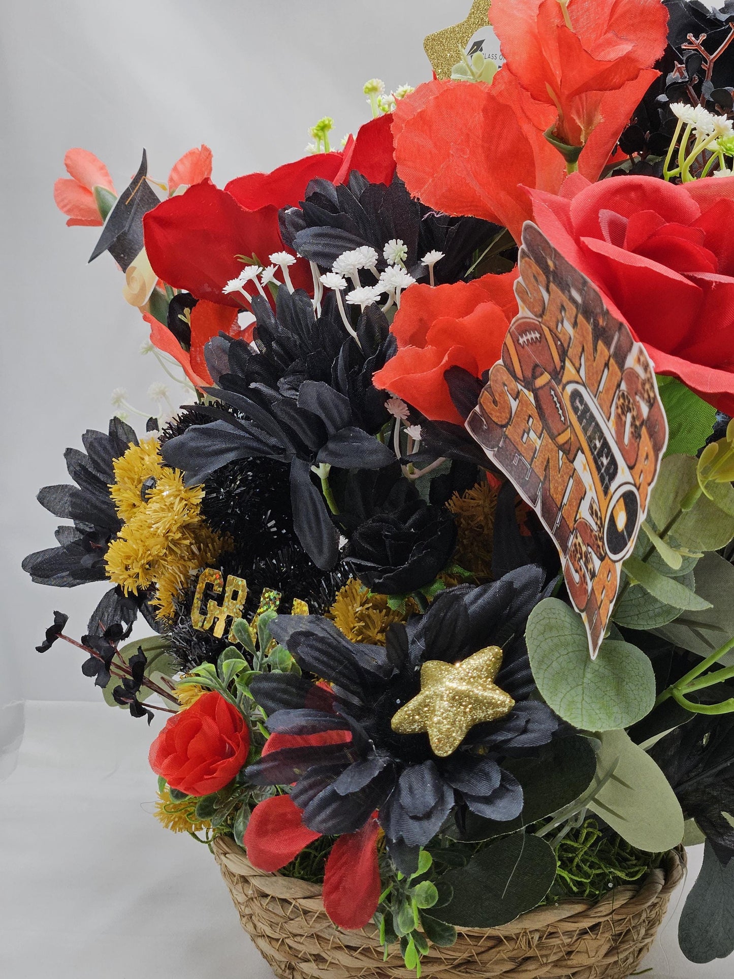 Class of 2025 Graduation Centerpiece - Red & Black Rose/Dahlia Bouquet with Graduate Dog Figurine for Celebration Decor