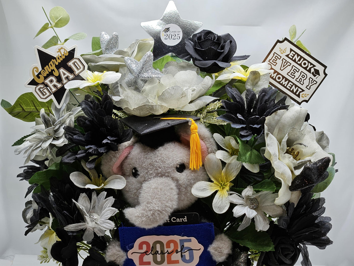 Lucky Elephant Graduation Flower, Gift Card Holder, College/High School graduation, Black/Gray/White Flowers, Unique Graduate Gift