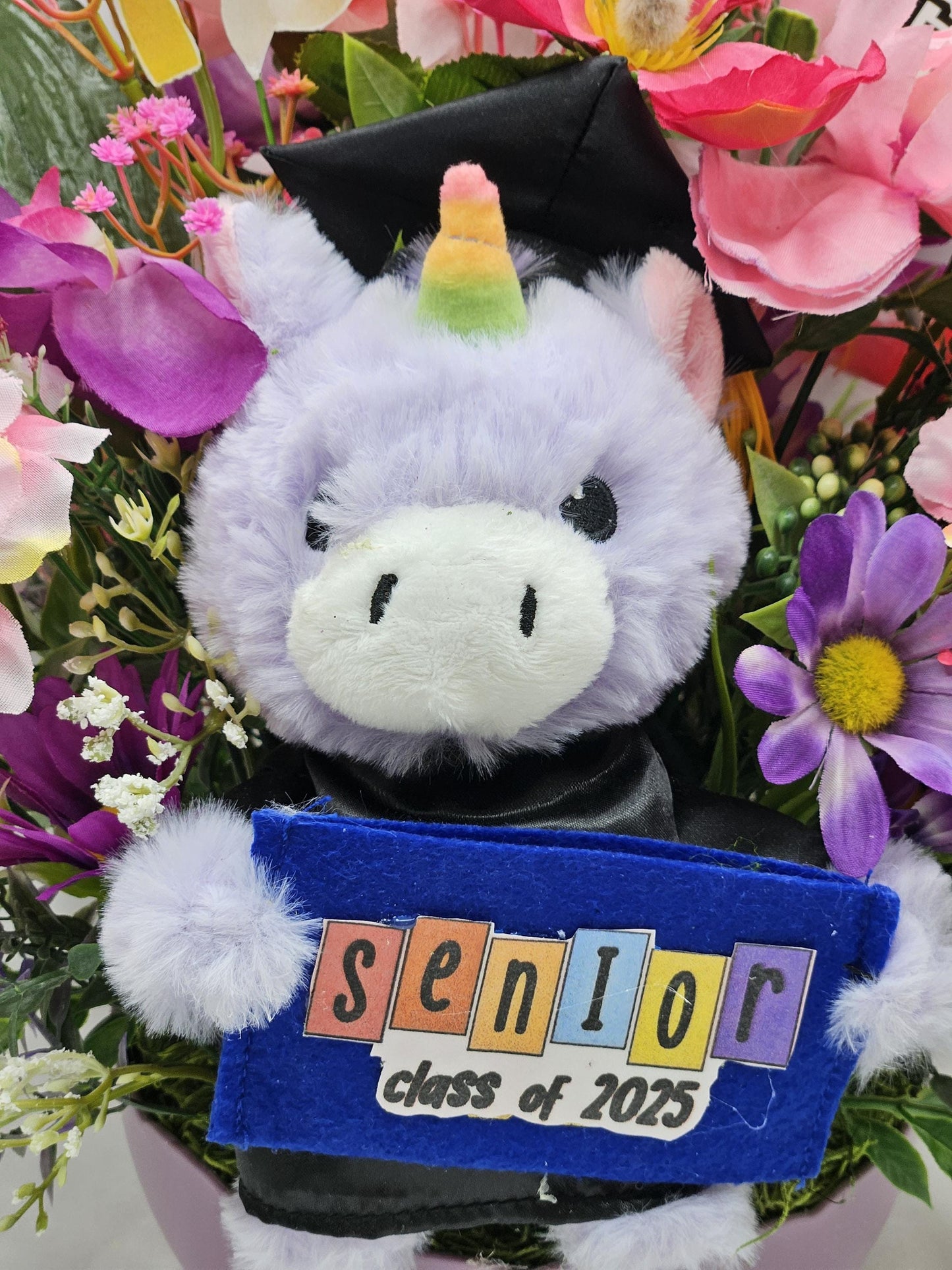 Graduation Flower Arrangement and Gift Card Holder, Unicorn Bear Graduation, Pink/Purple Flowers, Gift for Graduate, Graduation Celebration