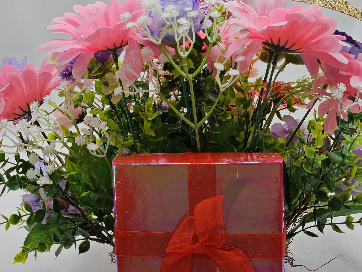 Pastel Pearlized Gift Box Filled with Vibrant/Lush Purple/Pink/White Flowers/Greenery/Baby's Breath/Sparkly Elegant Bird Atop the Florals