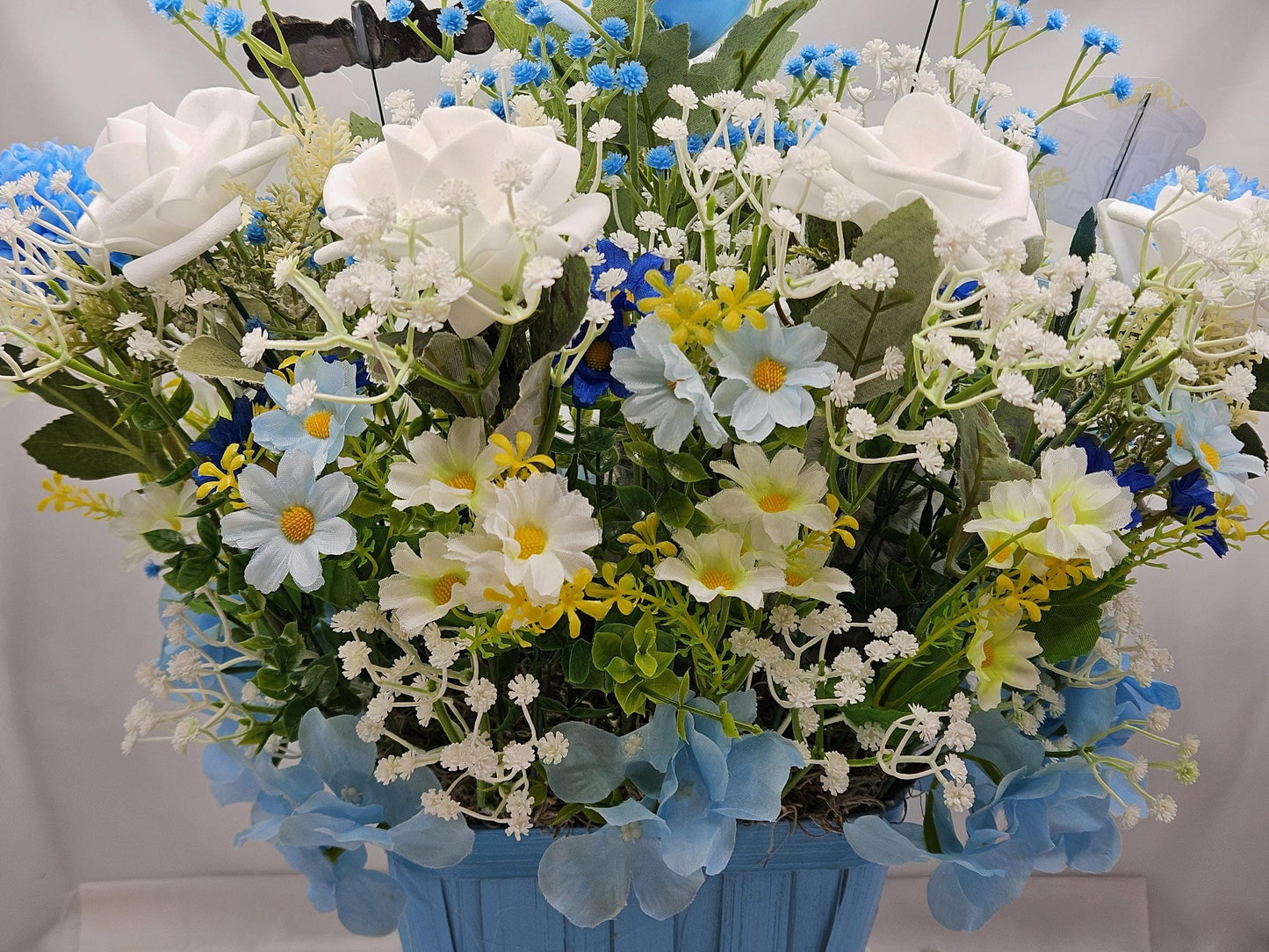 Elegant Silk-type Graduation Florals/Greenery with Unique Fuzzy Owl/Hedgehog/Platypus Accents/Wood Baskets/Blues/Yellow/Green Flowers