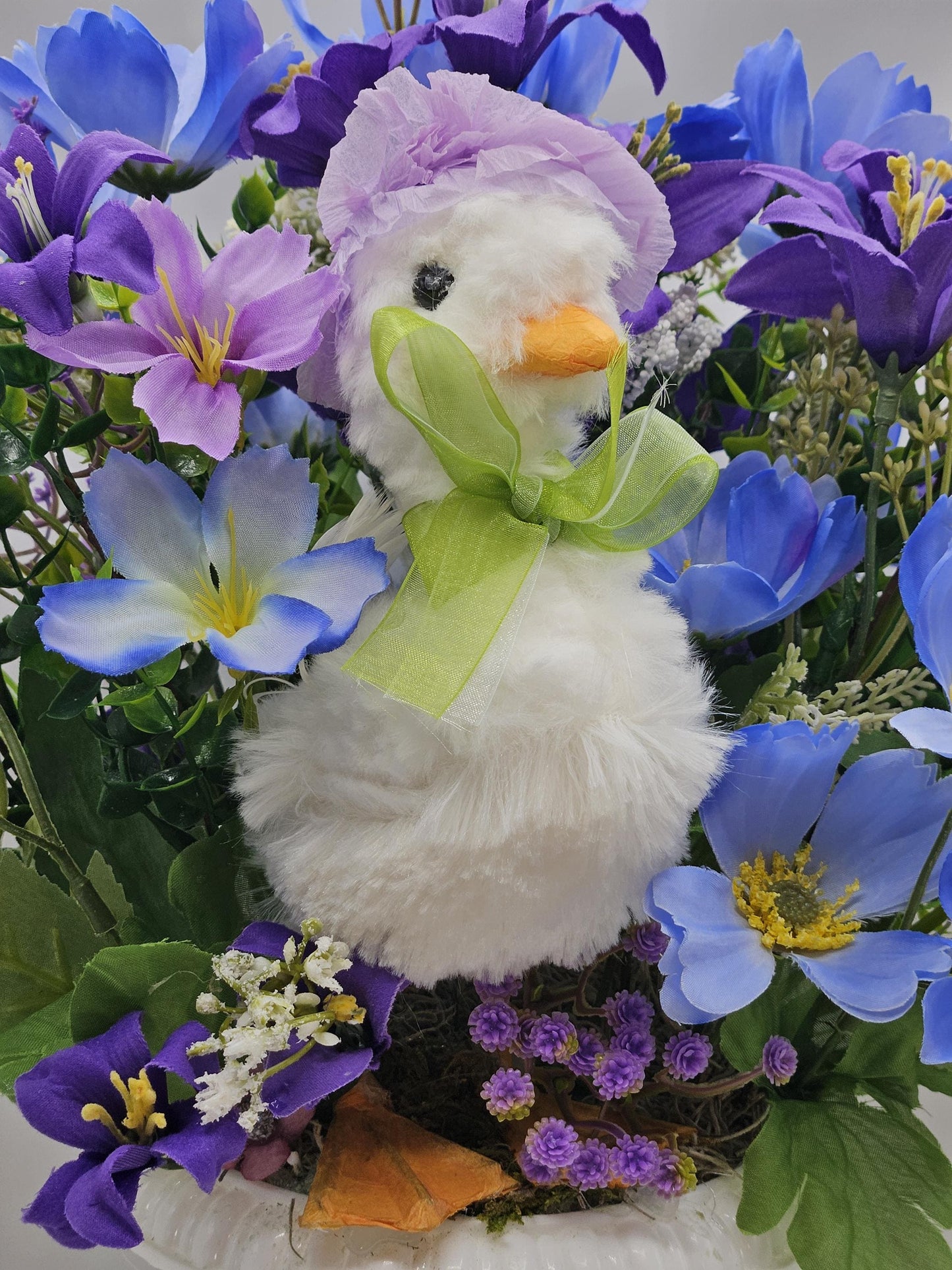 Cheerful or Shy Goose Figure Pedestal Bowl/Twoo Options/Blue/Purple or Pink/White/Lilies, Roses, Other Florals, Greenery, Baby's Breath
