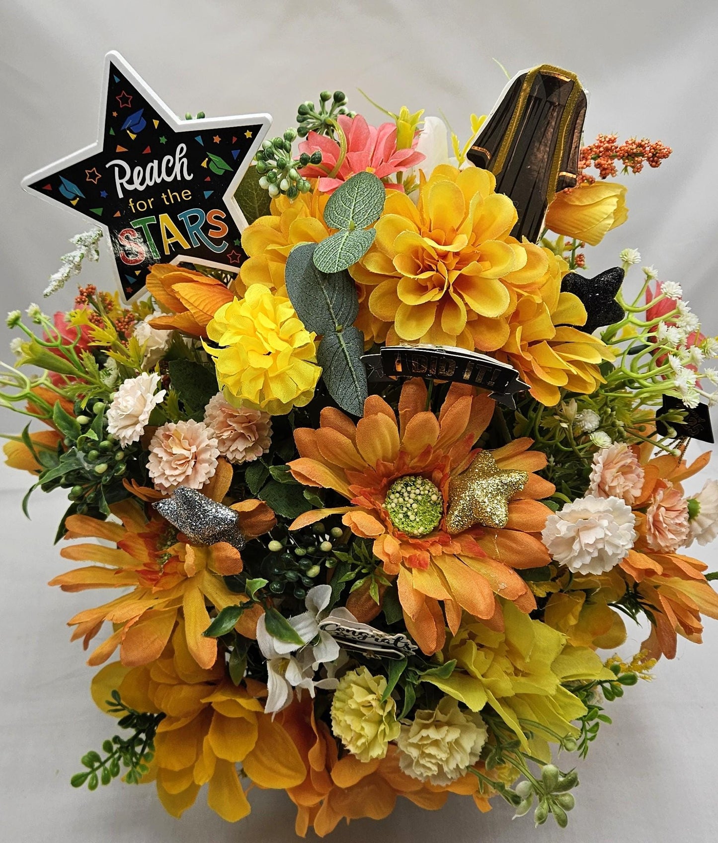 Graduation Flower Arramgements, 2 Choices, Blue and Yellow Congrats Grad or Orange and Yellow Reach for the Stars, Graduate Gift/Decor