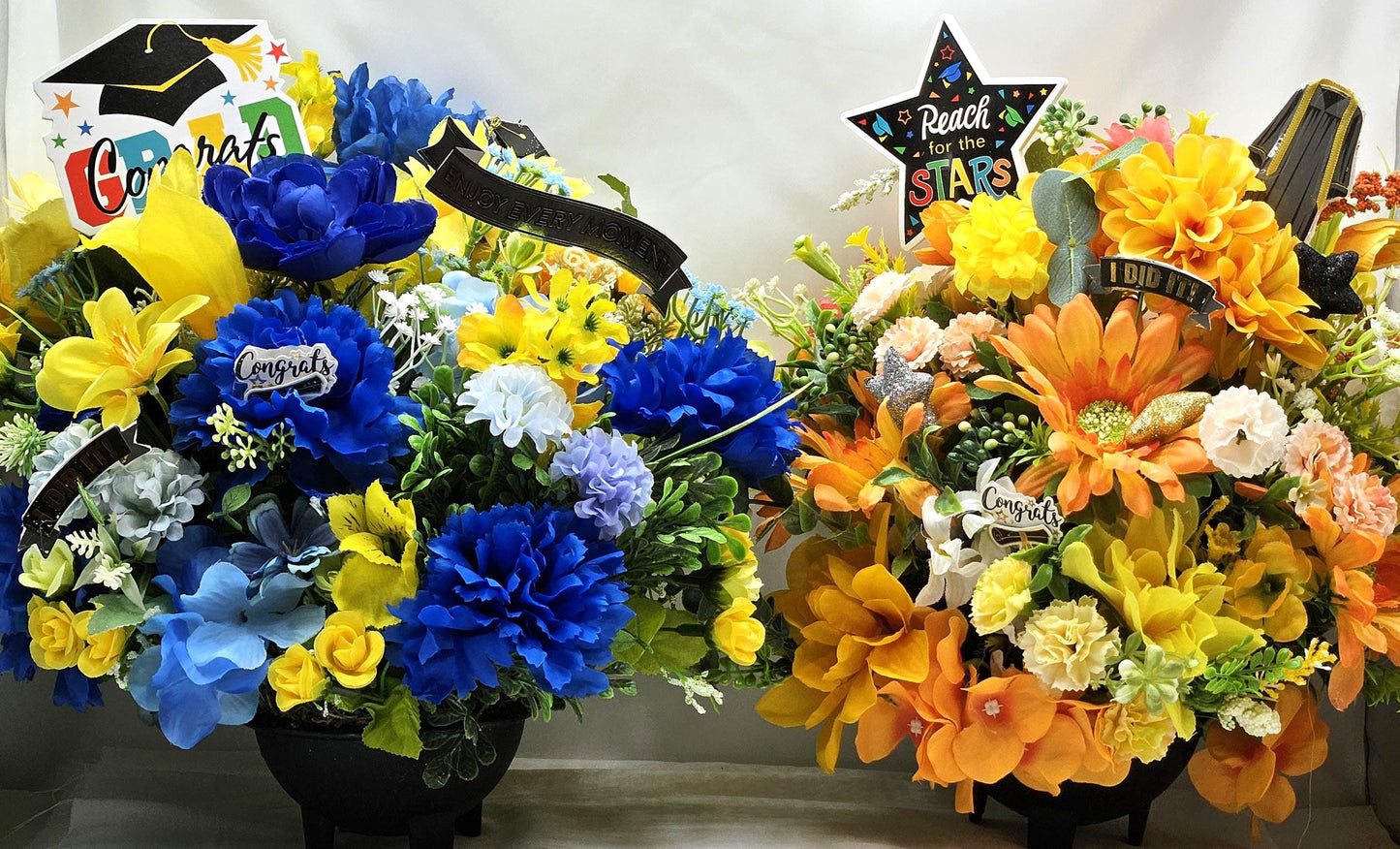 Graduation Flower Arramgements, 2 Choices, Blue and Yellow Congrats Grad or Orange and Yellow Reach for the Stars, Graduate Gift/Decor