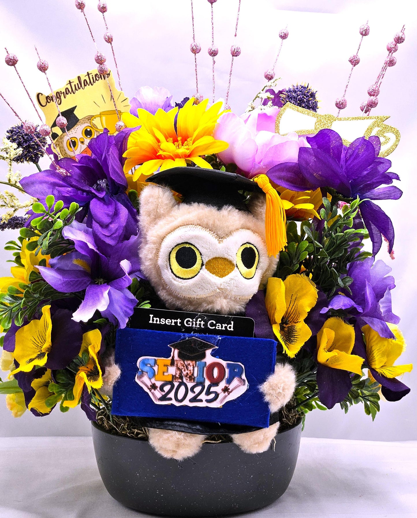 Unique Graduation Owl Centerpiece with Purple/Yellow Flowers in Black Bowl - Includes Gift Card Holder, Ideal Grad Gift & Celebration Decor