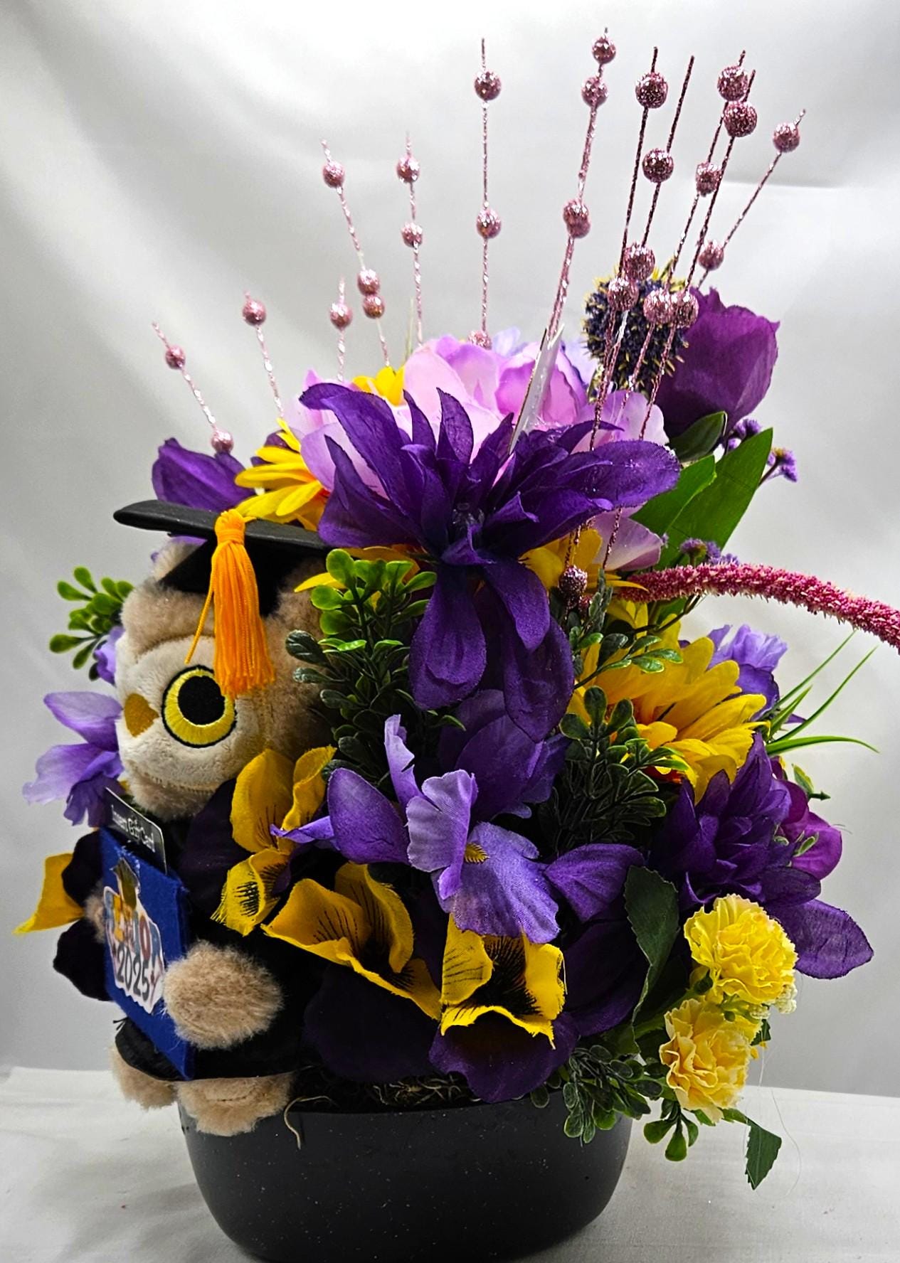 Unique Graduation Owl Centerpiece with Purple/Yellow Flowers in Black Bowl - Includes Gift Card Holder, Ideal Grad Gift & Celebration Decor