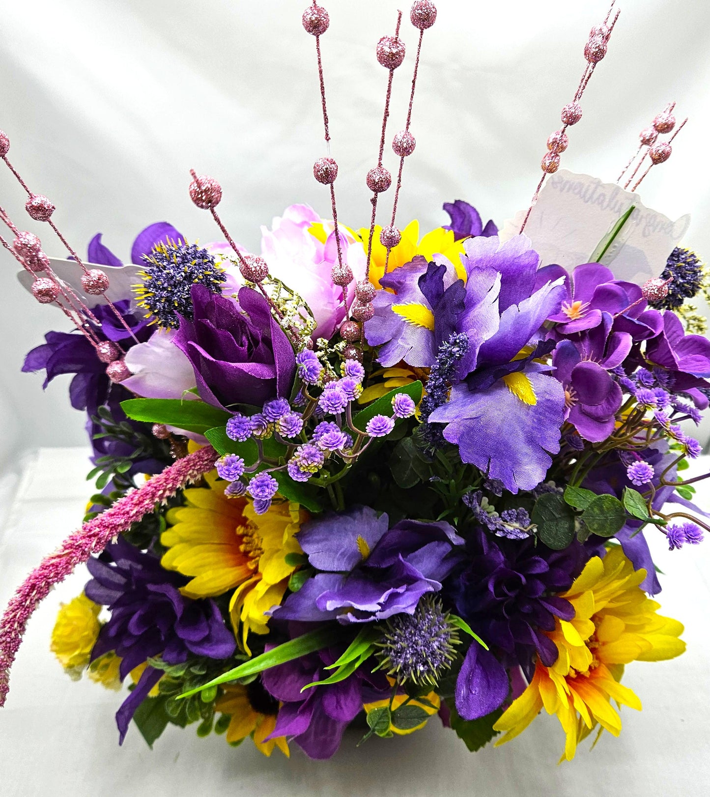 Unique Graduation Owl Centerpiece with Purple/Yellow Flowers in Black Bowl - Includes Gift Card Holder, Ideal Grad Gift & Celebration Decor