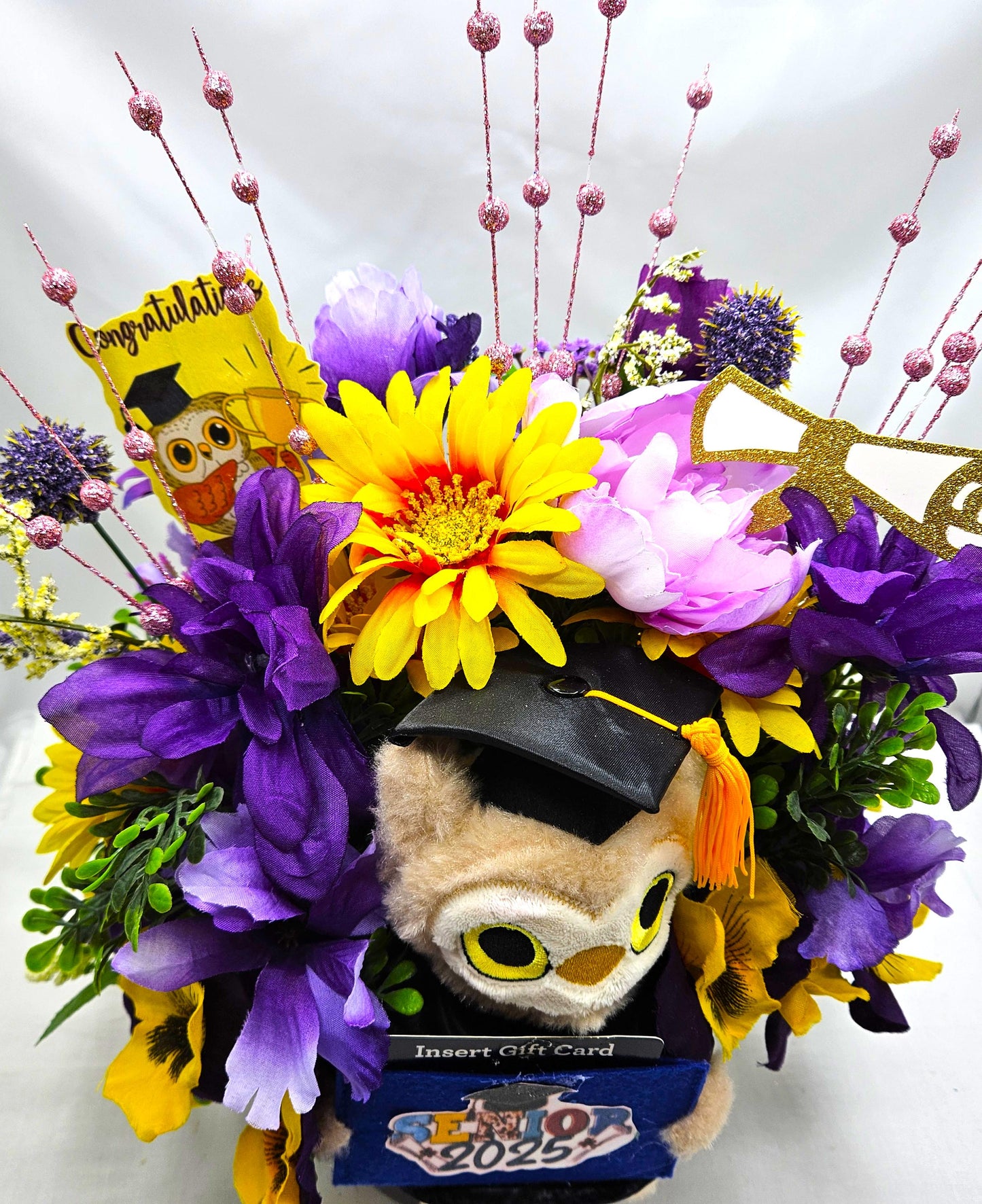 Unique Graduation Owl Centerpiece with Purple/Yellow Flowers in Black Bowl - Includes Gift Card Holder, Ideal Grad Gift & Celebration Decor