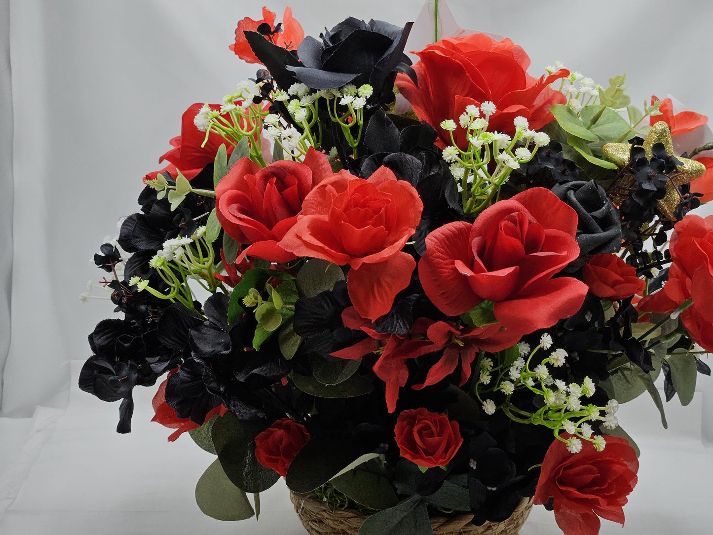 Class of 2025 Graduation Centerpiece - Red & Black Rose/Dahlia Bouquet with Graduate Dog Figurine for Celebration Decor