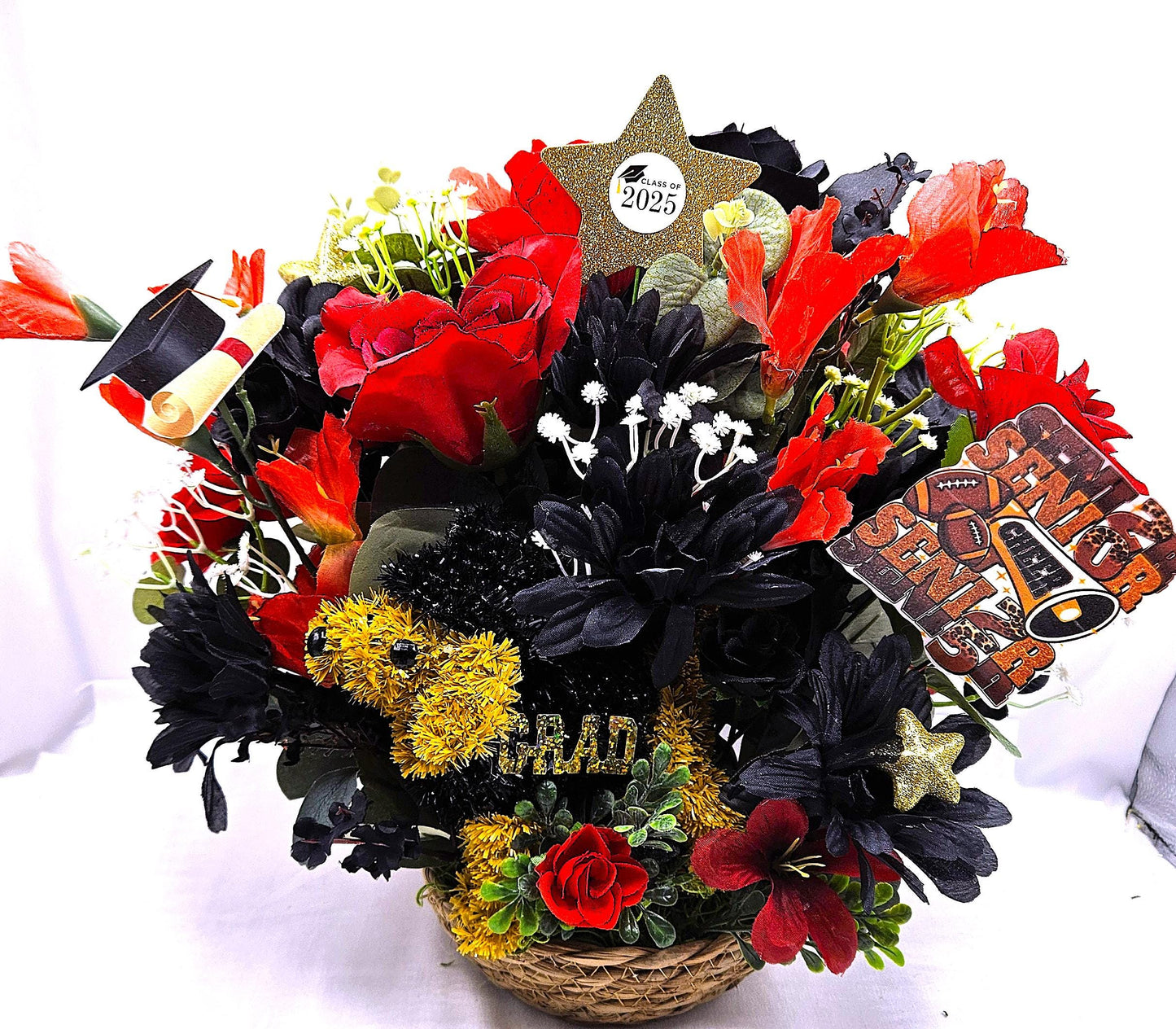 Class of 2025 Graduation Centerpiece - Red & Black Rose/Dahlia Bouquet with Graduate Dog Figurine for Celebration Decor