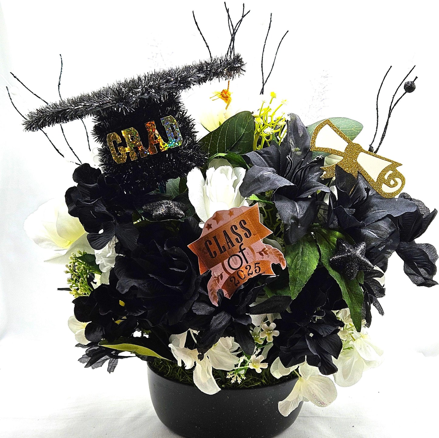 Congratulations Graduate 2025 - Stylish Graduation Cap with Black & White Floral Design, Roses and Dahlias Centerpiece, Memorable Gift