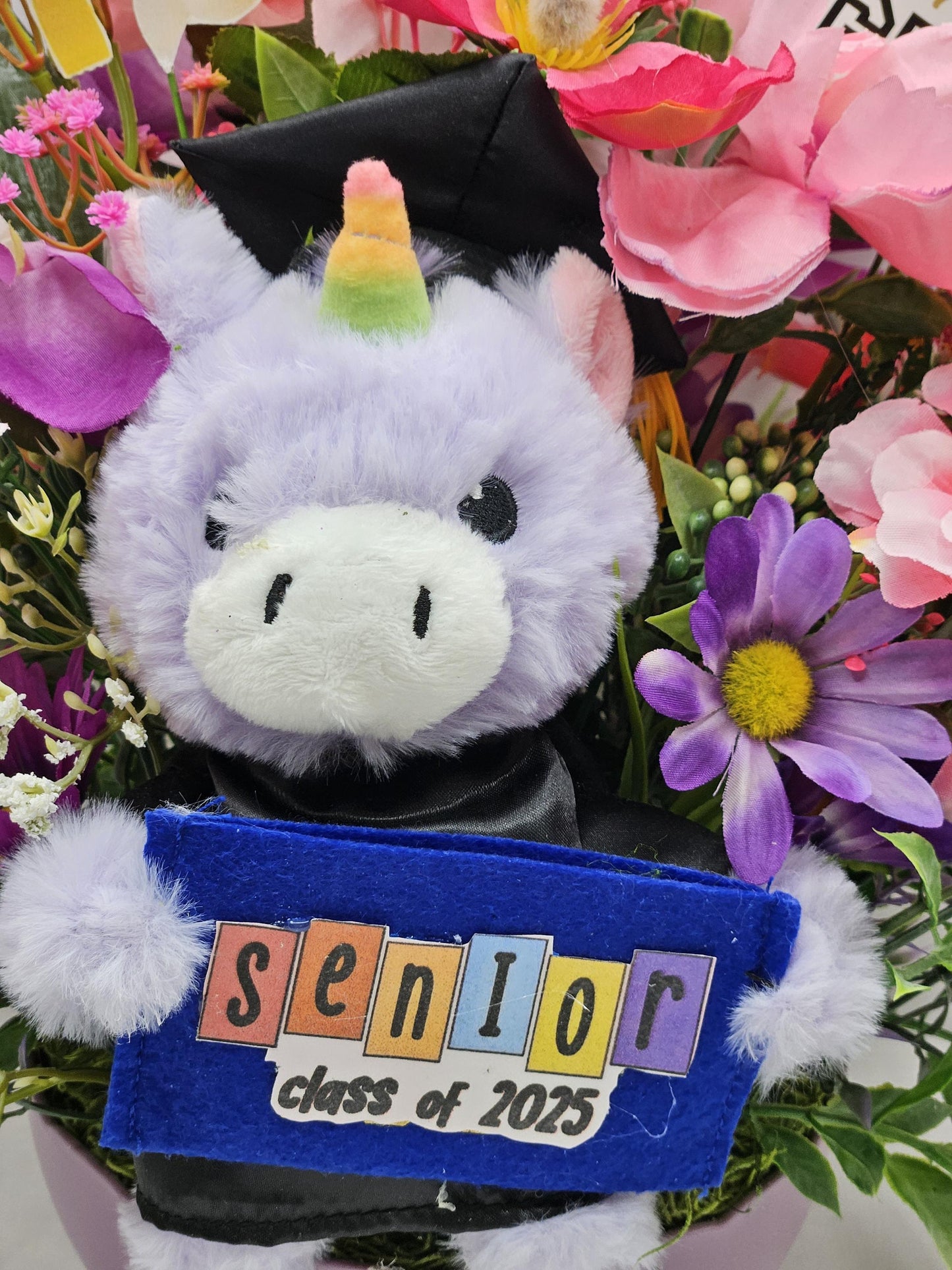 Graduation Flower Arrangement and Gift Card Holder, Unicorn Bear Graduation, Pink/Purple Flowers, Gift for Graduate, Graduation Celebration