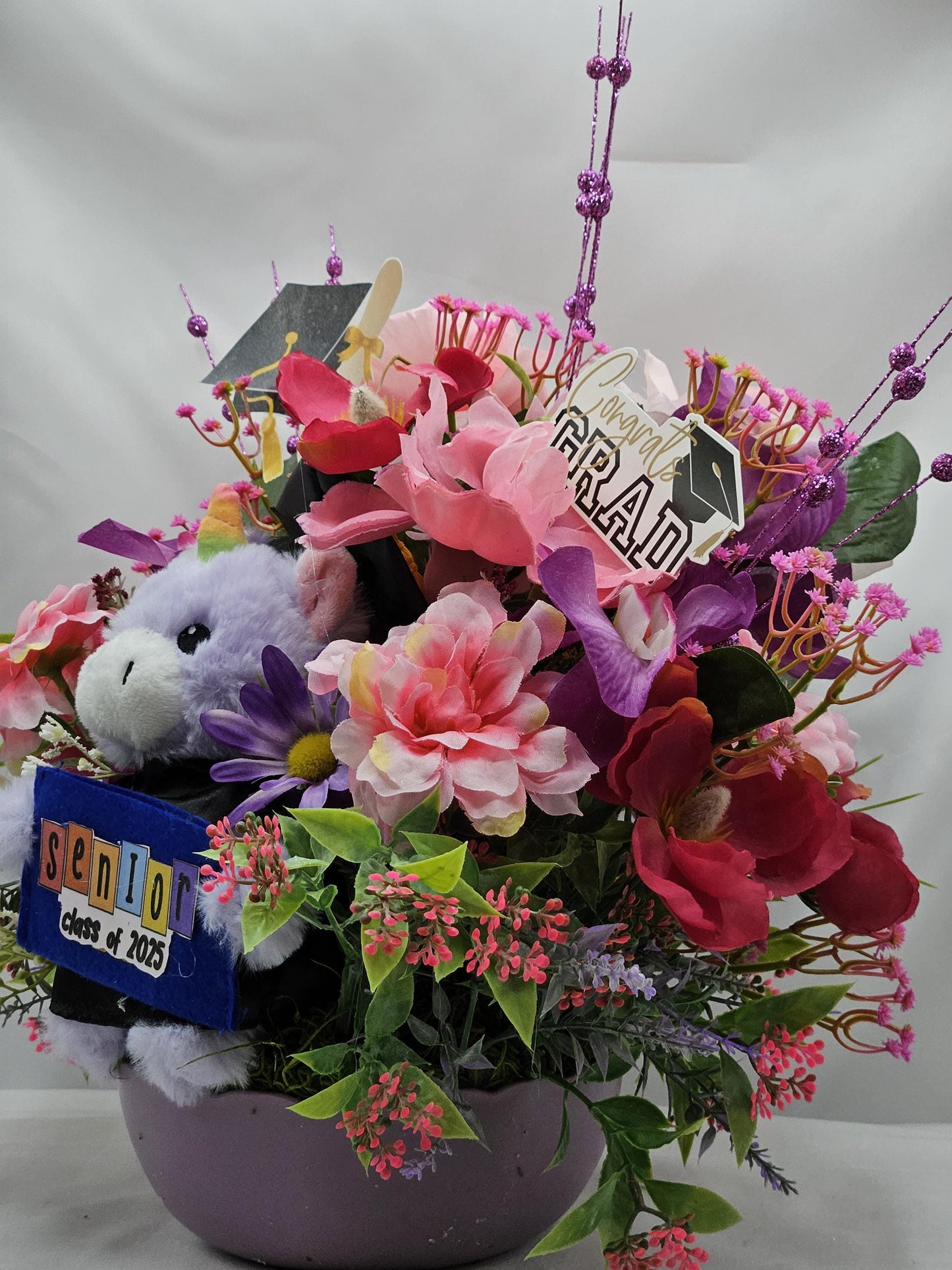 Graduation Flower Arrangement and Gift Card Holder, Unicorn Bear Graduation, Pink/Purple Flowers, Gift for Graduate, Graduation Celebration