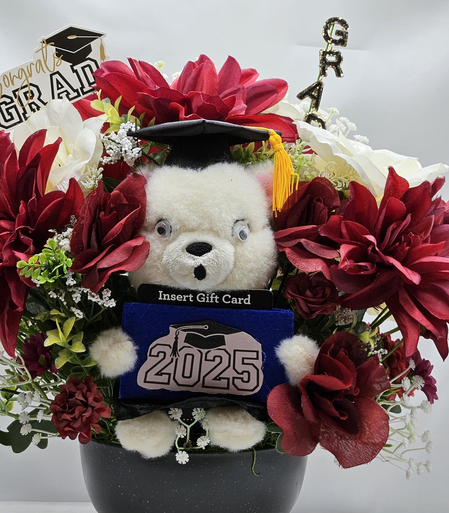 Maroon & Cream Graduate Bear Centerpiece, Card Holder Flower Decor, Unique Graduation Gift Idea, Grad Gift and Keepsake