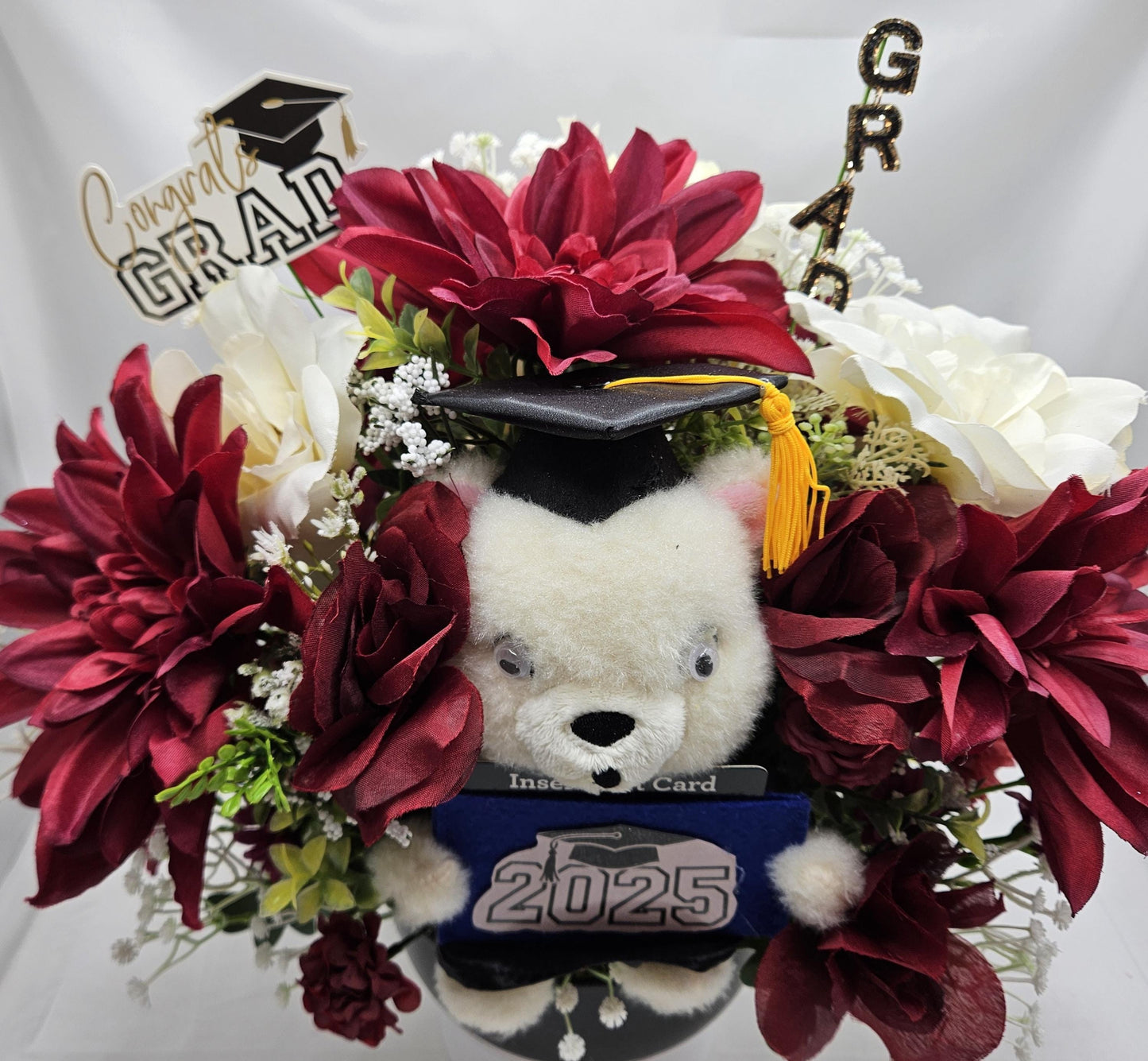 Maroon & Cream Graduate Bear Centerpiece, Card Holder Flower Decor, Unique Graduation Gift Idea, Grad Gift and Keepsake