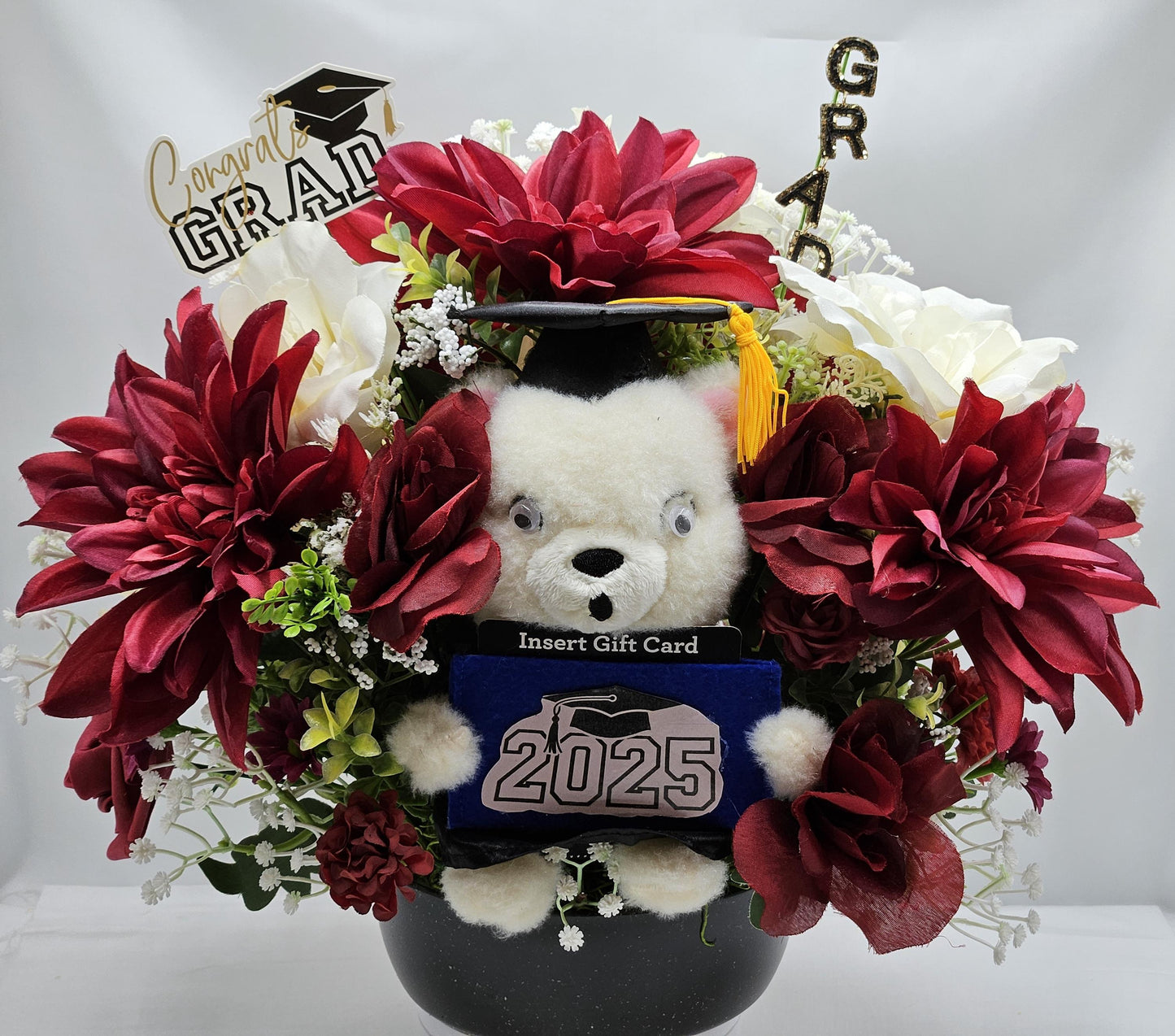 Maroon & Cream Graduate Bear Centerpiece, Card Holder Flower Decor, Unique Graduation Gift Idea, Grad Gift and Keepsake
