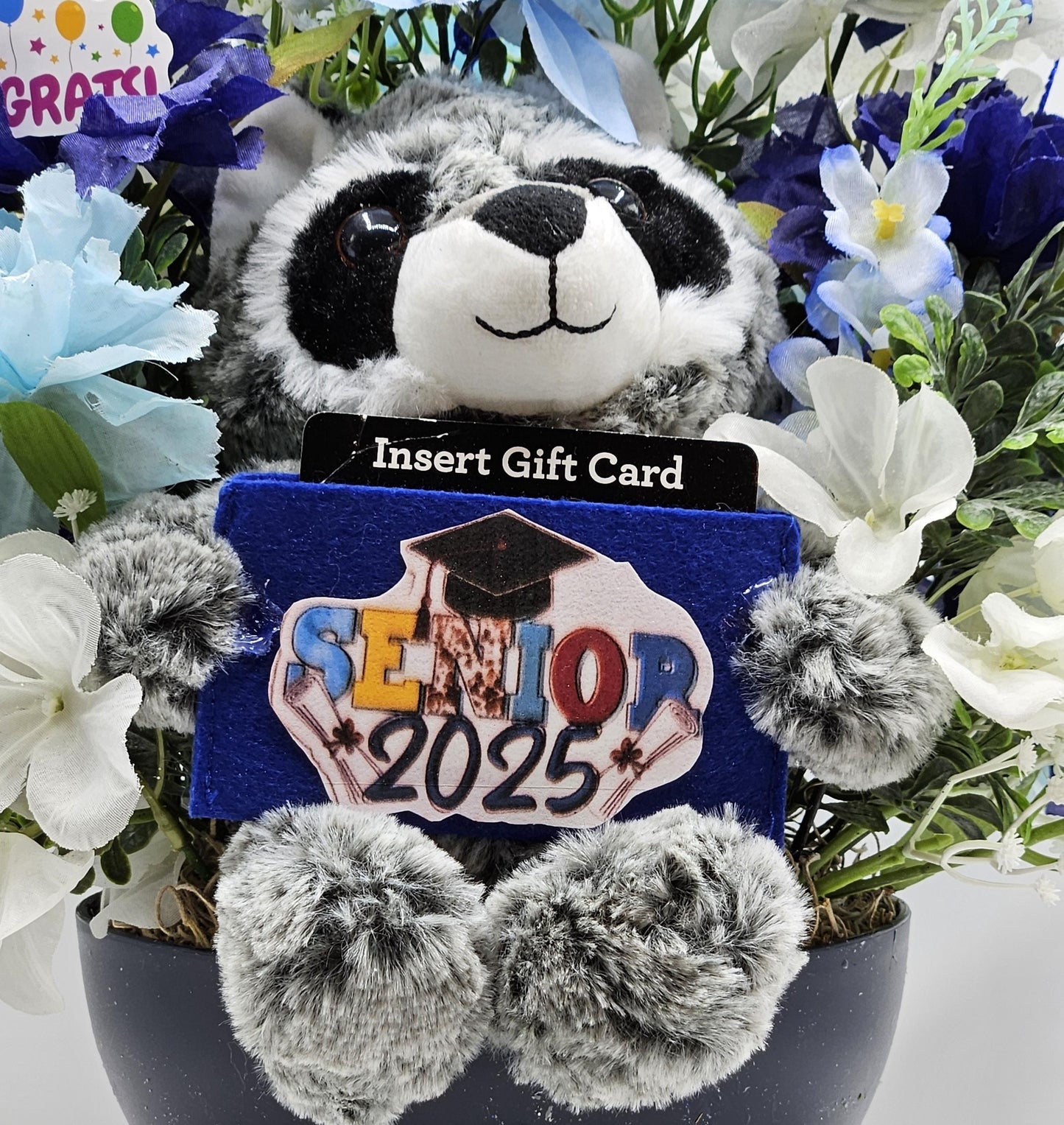 Blue Blossom Graduation Decor - Dark Blue Centerpiece with Raccoon Card Holder, Ideal for Graduate Gifting