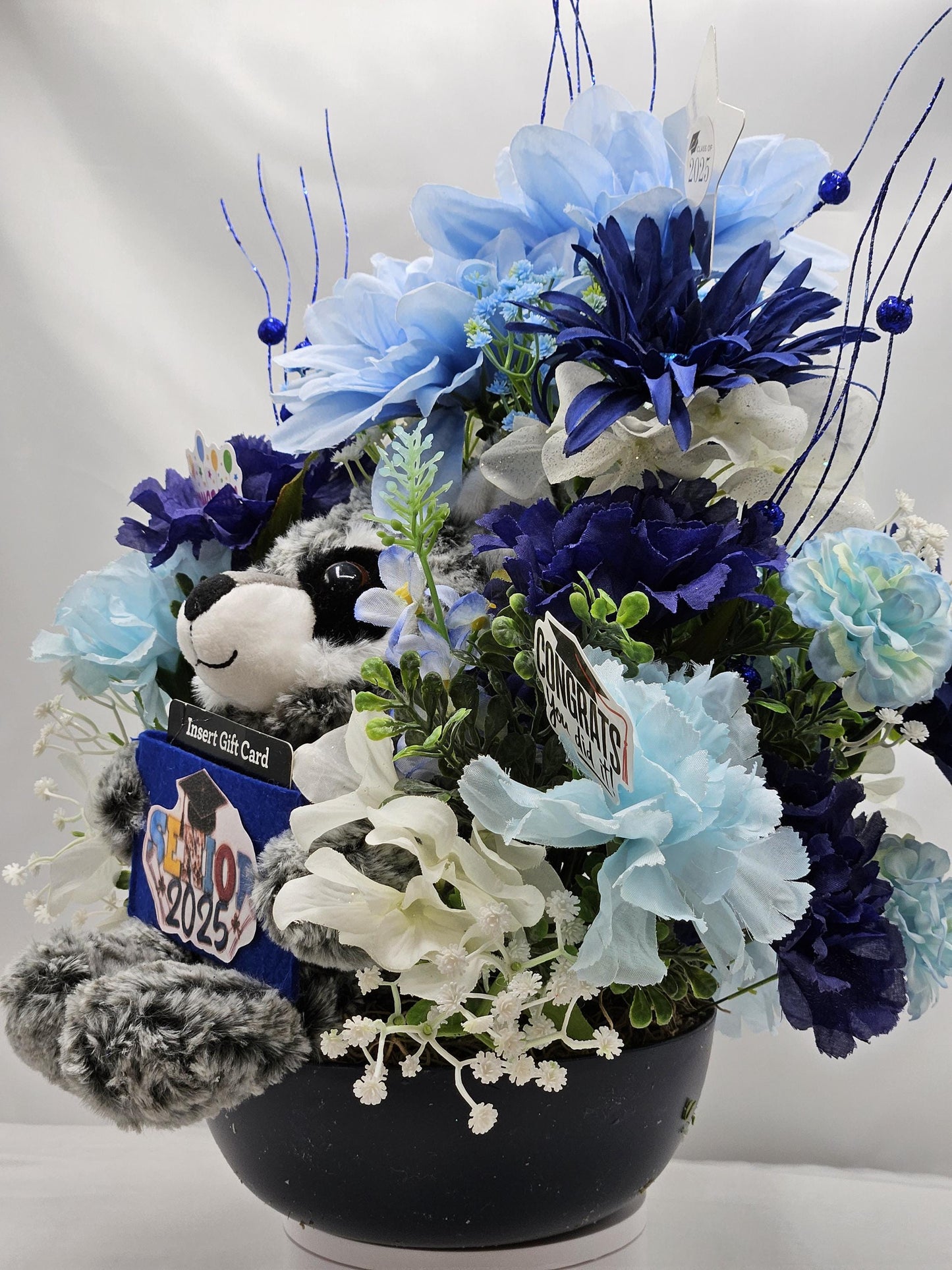 Blue Blossom Graduation Decor - Dark Blue Centerpiece with Raccoon Card Holder, Ideal for Graduate Gifting