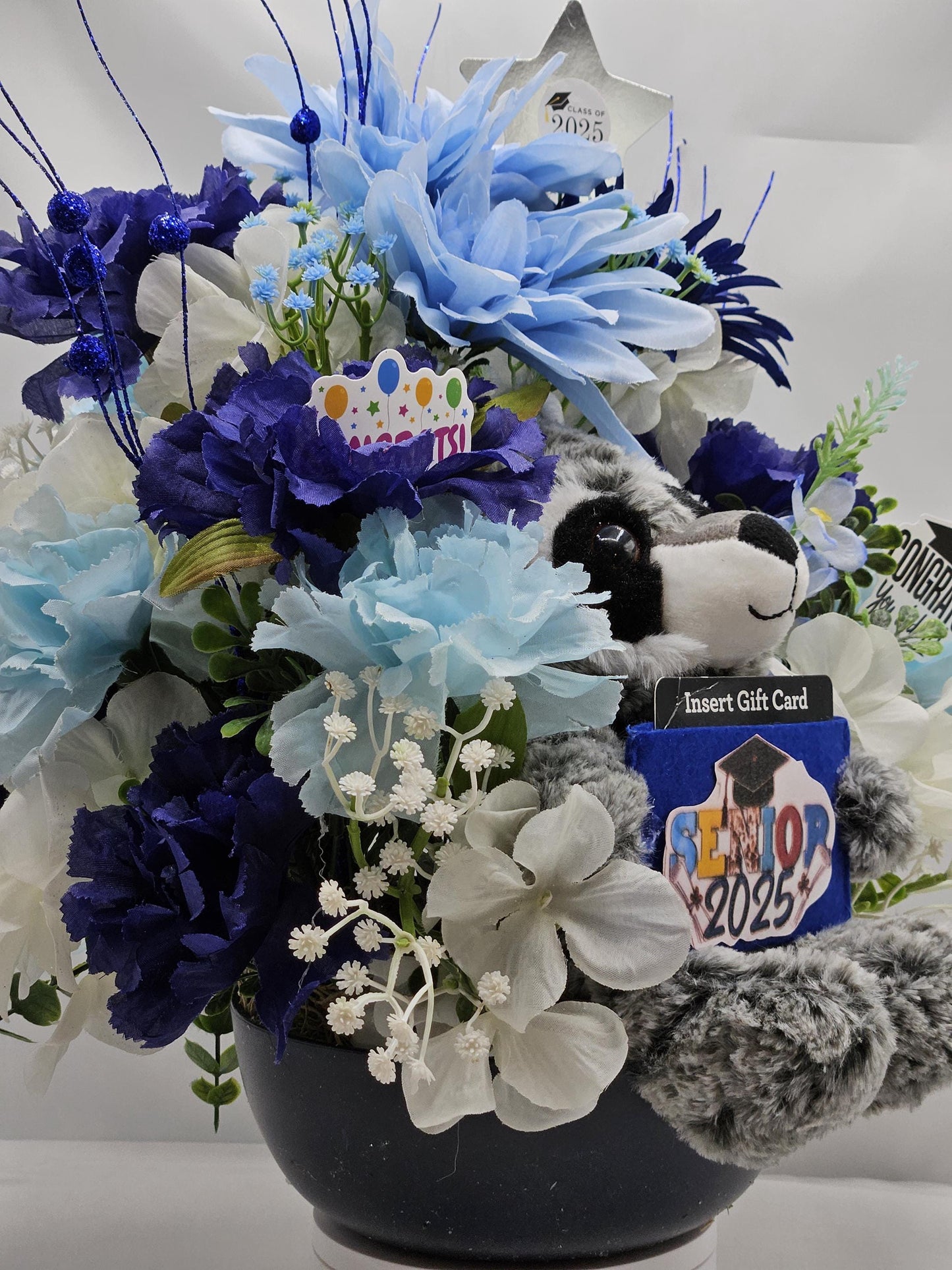 Blue Blossom Graduation Decor - Dark Blue Centerpiece with Raccoon Card Holder, Ideal for Graduate Gifting