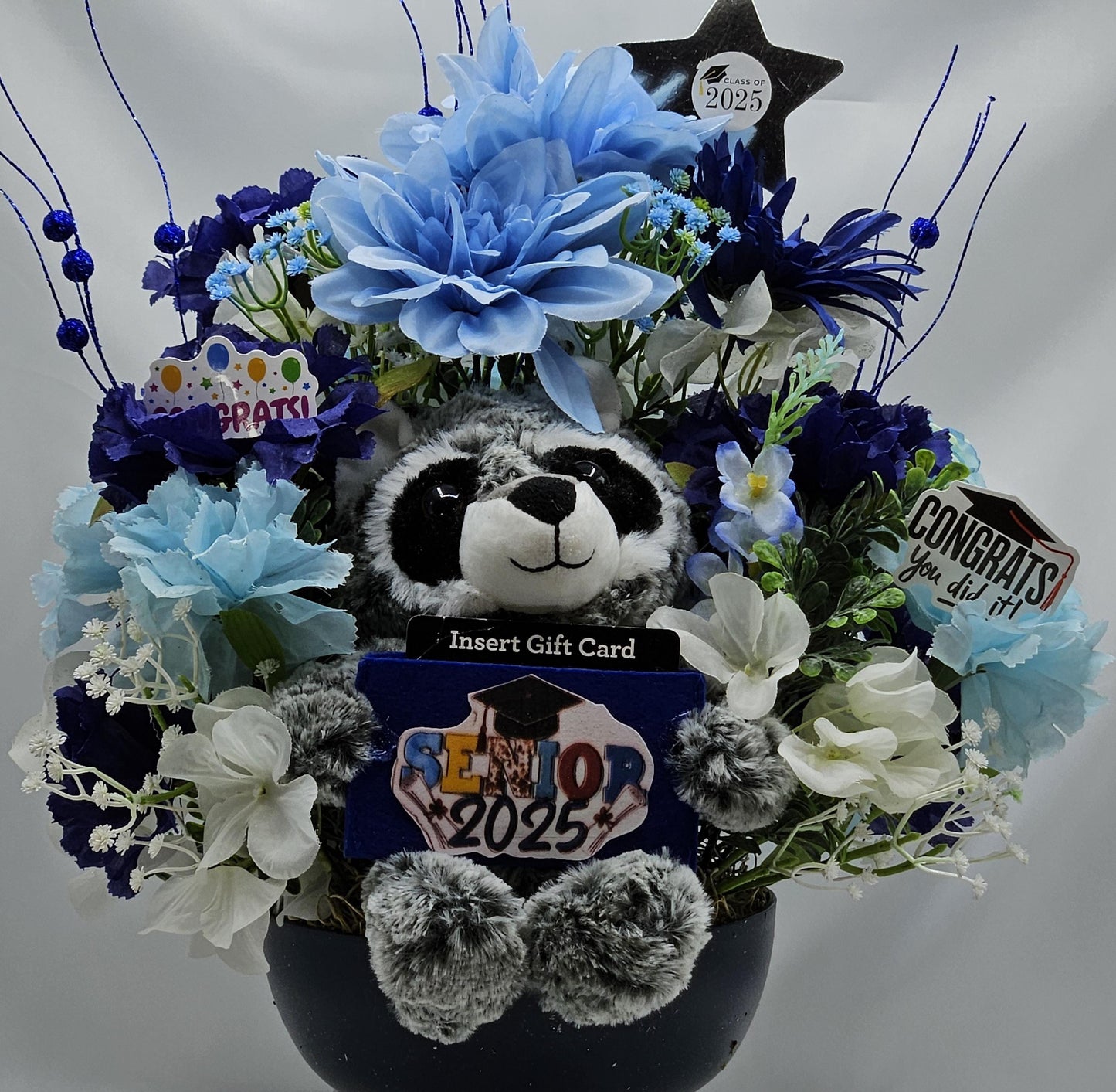 Blue Blossom Graduation Decor - Dark Blue Centerpiece with Raccoon Card Holder, Ideal for Graduate Gifting