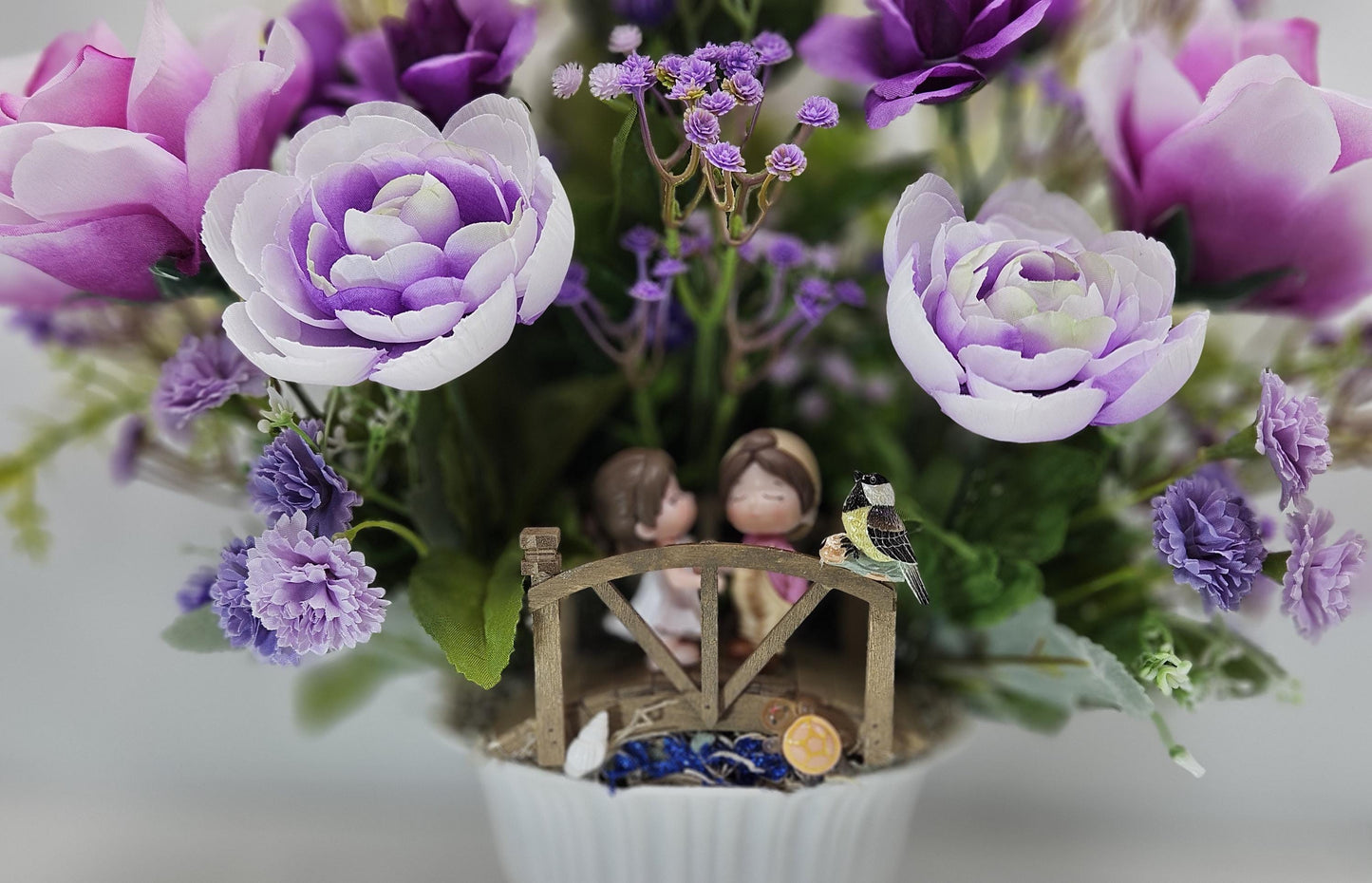 Cute Couple on a Bridge Amidst Garden of Lavender/Purple/White Flowers/Greenery/Babys Breath/Bird and Turtle on the Bridge
